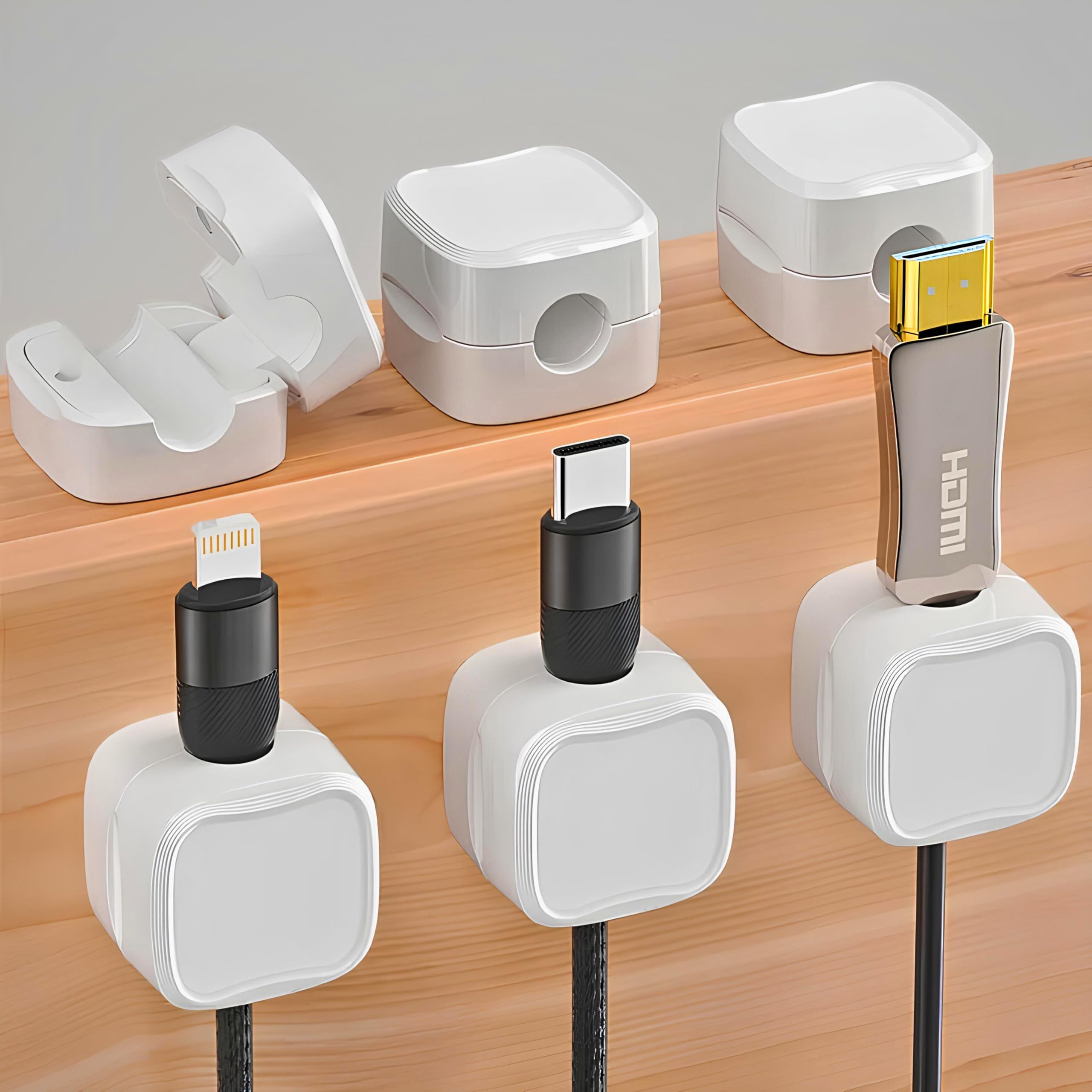 Magnetic Cable Clips - 6 Pack White Cord Organizer for Desk, Home & Office | Under Desk Cable Management with Strong Adhesive | Perfect for Phone Charger, Computer Wires & Nightstand Organization | Keep Wires Tidy & Secure