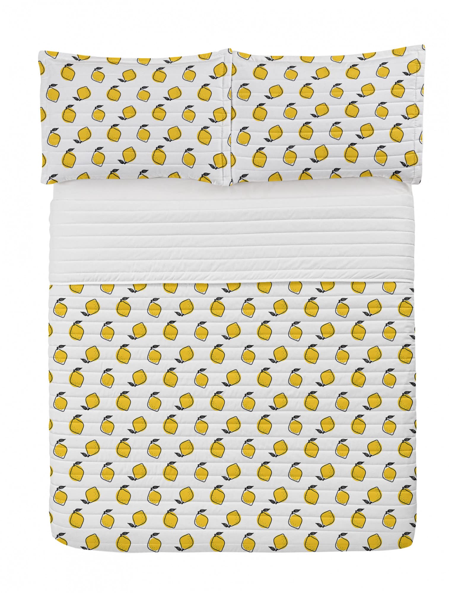 Ambesonne Yellow and White Microfiber Bedspread Set - Doodle Style Lemon with Leaves Pattern, Soft King Size Bedding Set with Pillow Shams & Comforter | Fresh Fruit Design for Bedroom Decor, Guest Room & Summer Home Styling