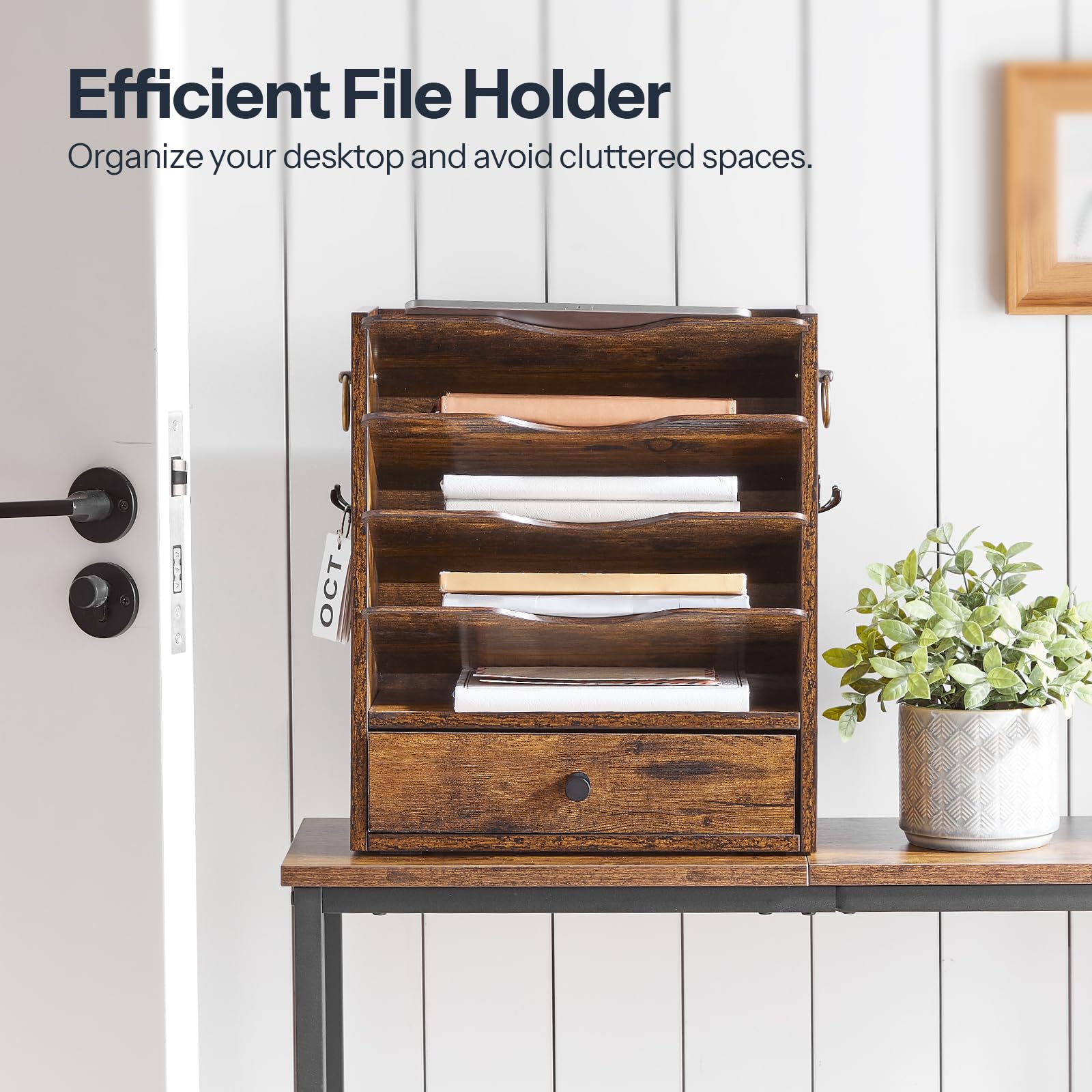 HOOBRO Rustic Brown Wall File Organizer with Drawer Storage & 2 Hooks - Wooden Mail & Literature Organizer for Office, Classroom, Home - Perfect for Organizing Documents, Letters, and Construction Papers on Walls