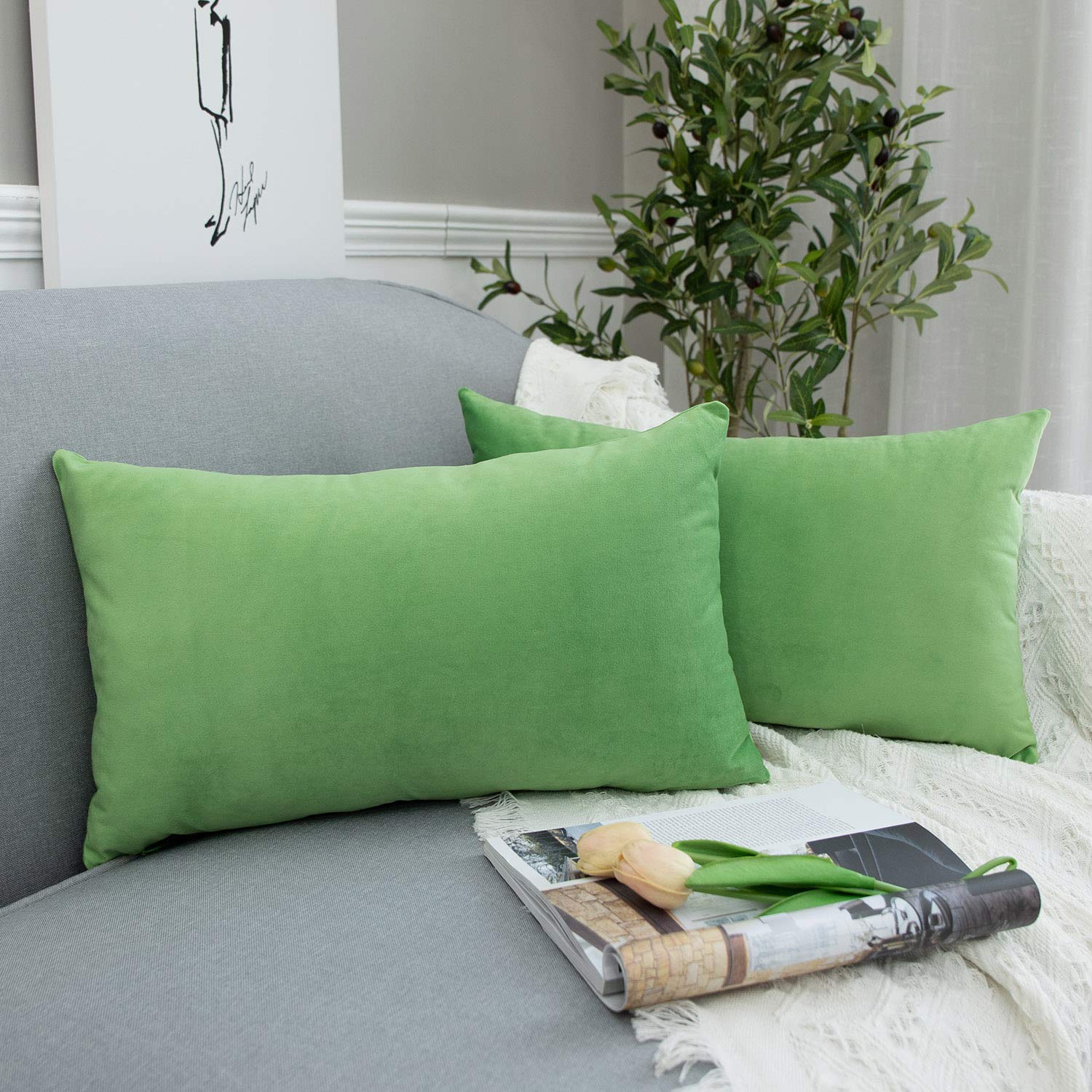 JUSPURBET 12x20 Inch Decorative Lumbar Velvet Throw Pillow Covers - Pack of 2, Luxury Soft Cushion Cases for Couch, Bed & Sofa in Apple Green - Perfect for Living Room Decor, Bedroom Accents & Home Styling