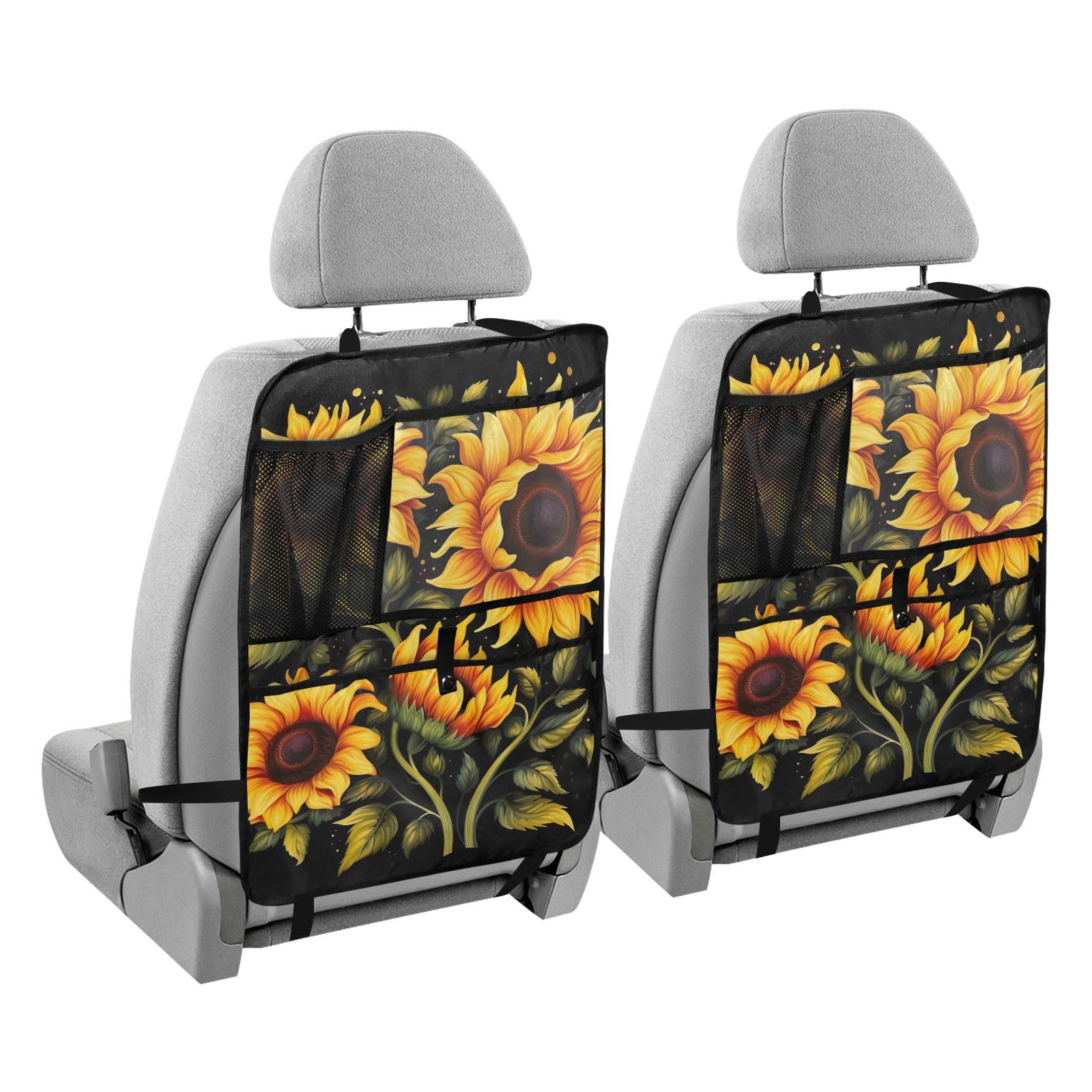 Sunflower Black 2-Pack Car Back Seat Kick Mats for Kids - Premium Seat Protector with 3 Storage Pockets | Universal Fit for Trucks, SUVs & Sedans | Perfect for Road Trips & Family Travel Accessories
