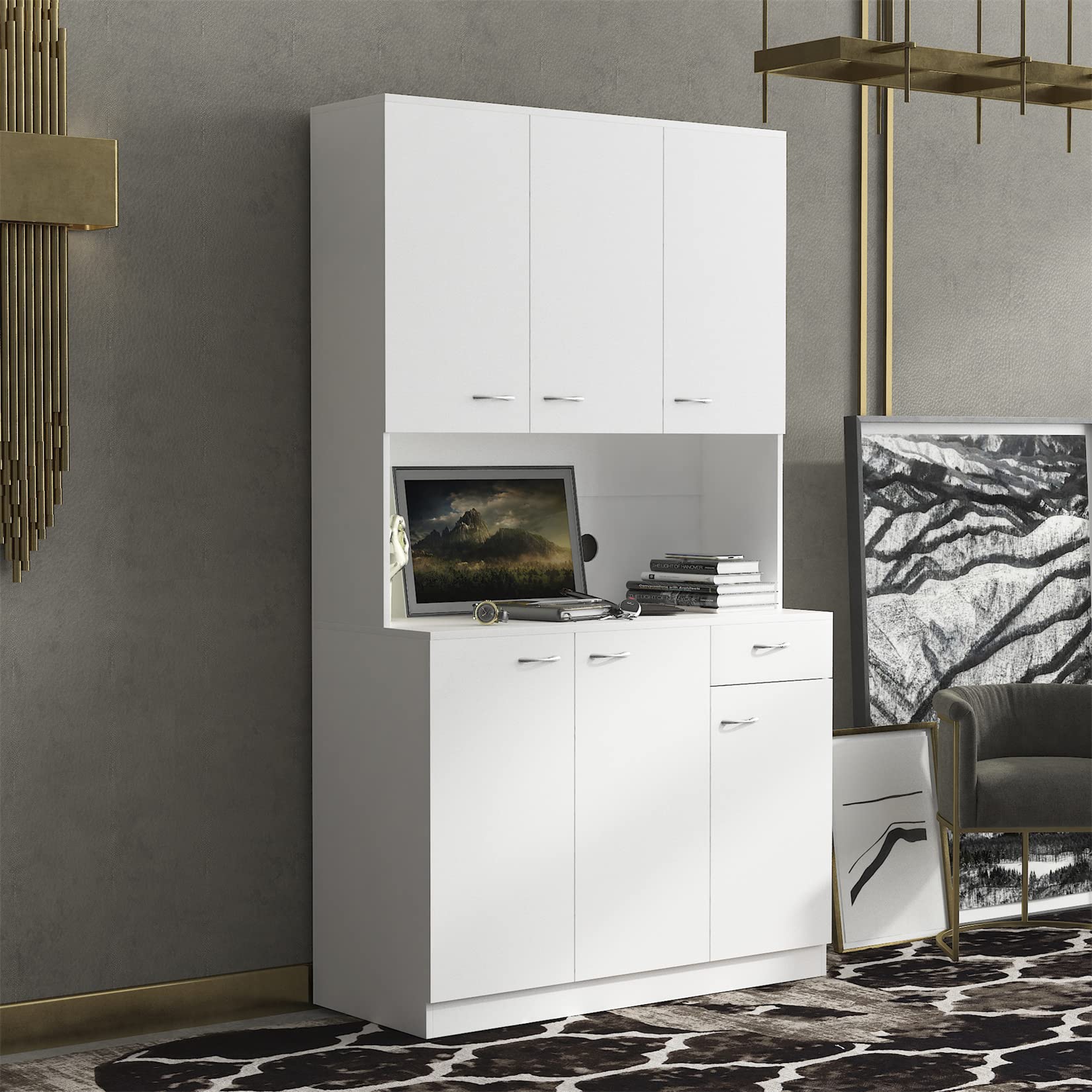 Bellemave 6-Door Kitchen Pantry Storage Cabinet with Adjustable Shelves, Freestanding Buffet Hutch & Microwave Stand with Drawer - White | Perfect for Home, Office & Small Space Organization