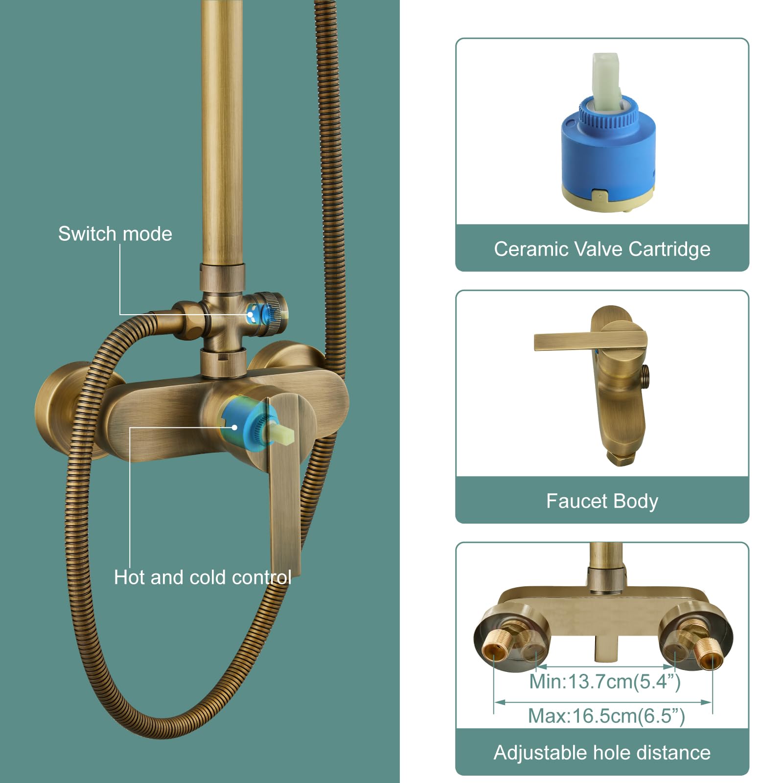 Vintage Brass Exposed Pipe Shower System - 8 Inch Rainfall Shower Head & Handheld Sprayer Combo Set with Single Handle - Dual Function Bathroom Faucet for Luxurious Spa Experience