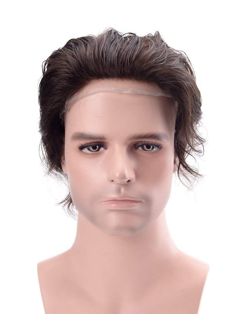 Natural Black Brown Glan Front Lace Human Hair Wig for Men - Full Head Patch with Small Tape, 4 Clips & Hair Fall Comb (10/8) - Perfect for Daily Wear, Cosplay & Hair Loss Solutions