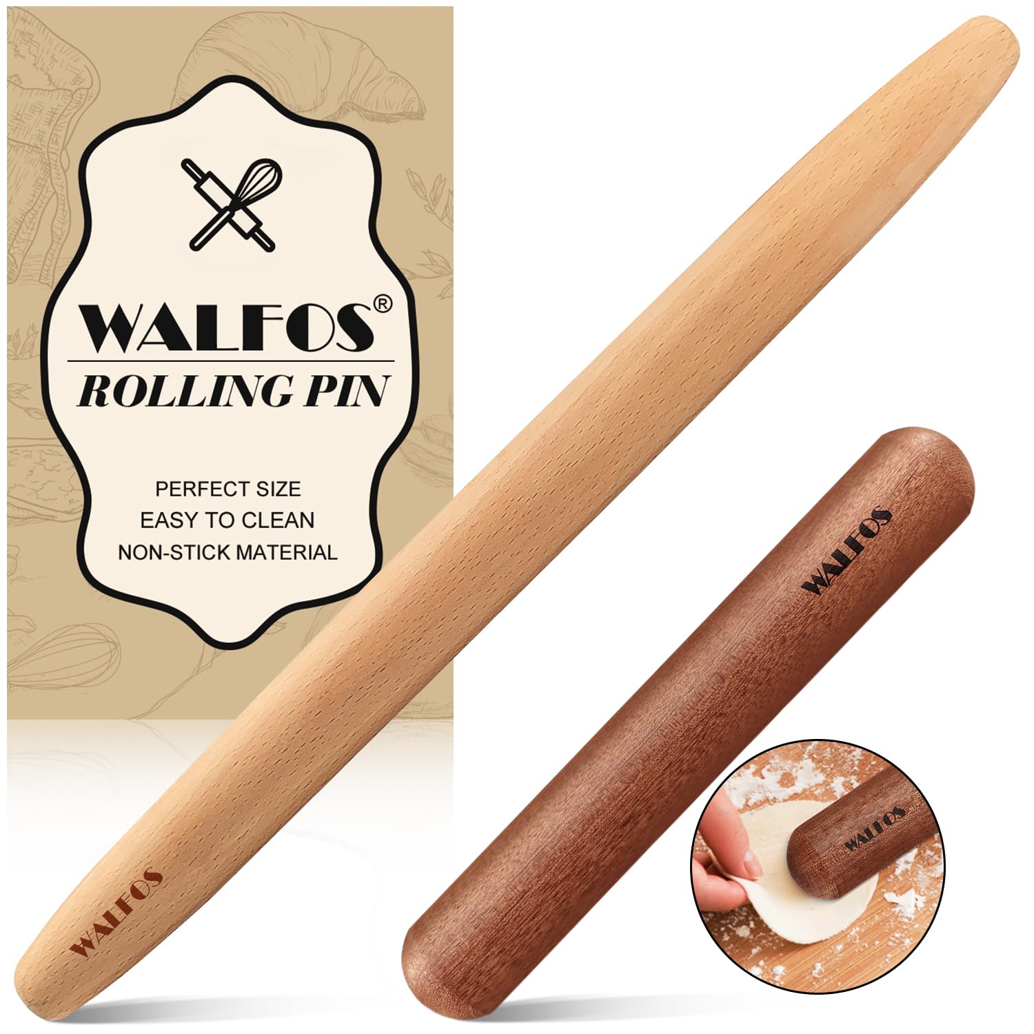 Walfos French Rolling Pin Set - Natural Wooden Baking Dough Roller (8