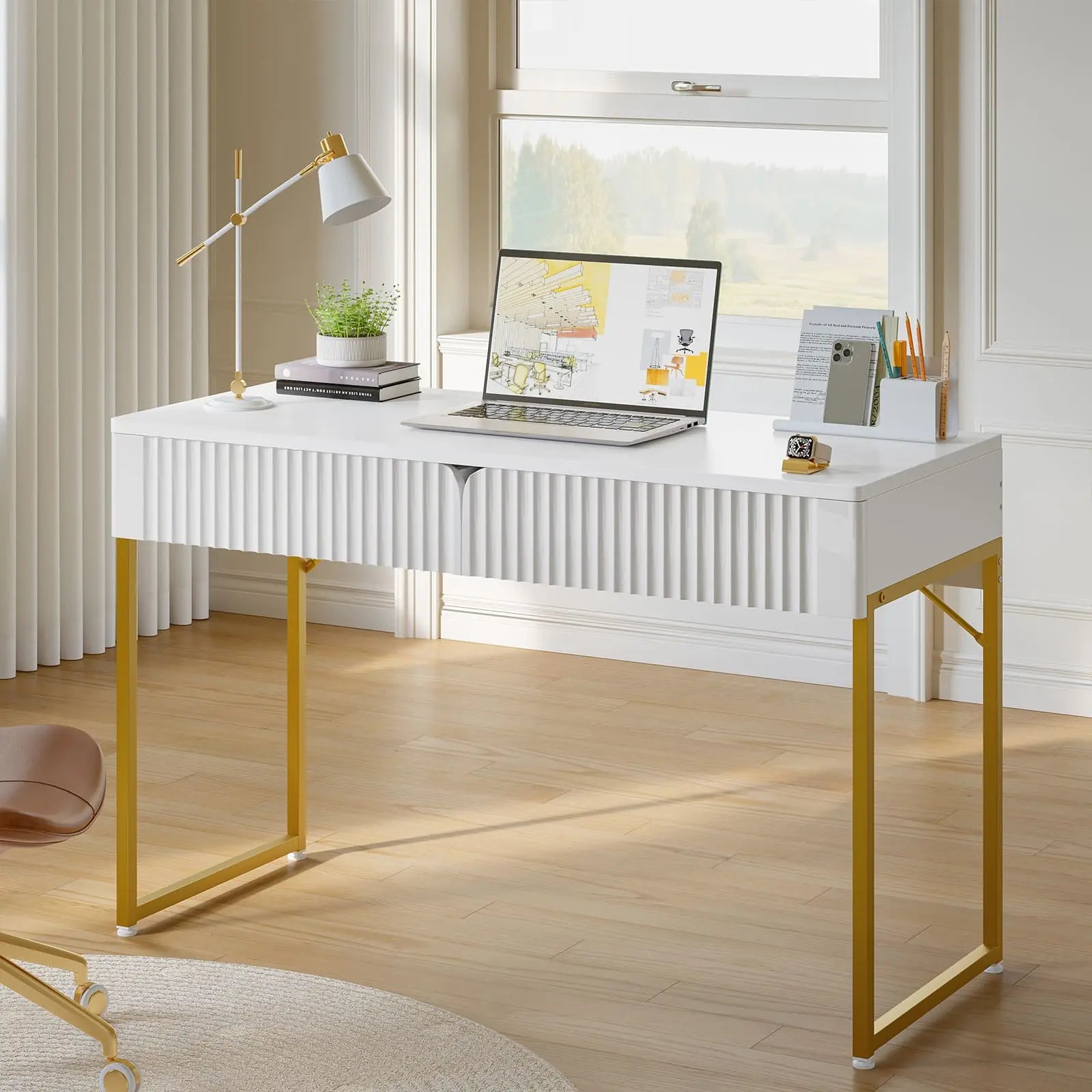 Bestier 47 Inch Wood Computer Desk with Storage Shelf - Home Office Desk with Drawers for Study, Workstation & Gaming Setup - Sturdy Writing Table for Small Spaces & Dorm Rooms