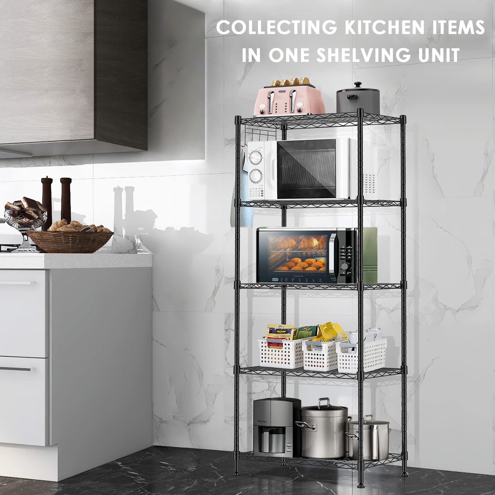 5-Tier Adjustable Wire Shelving Unit - Heavy Duty Metal Storage Rack for Kitchen, Pantry, Laundry, Bathroom & Garage Organization (11.4