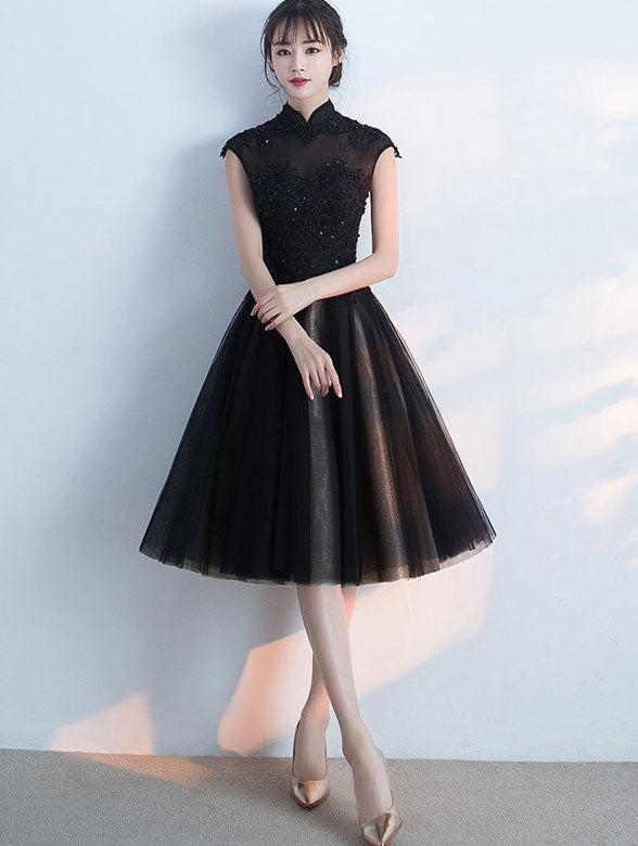 Elegant Black Midi Ball Gown Tulle Qipao Cheongsam Evening Dress for Prom, Wedding, and Formal Events