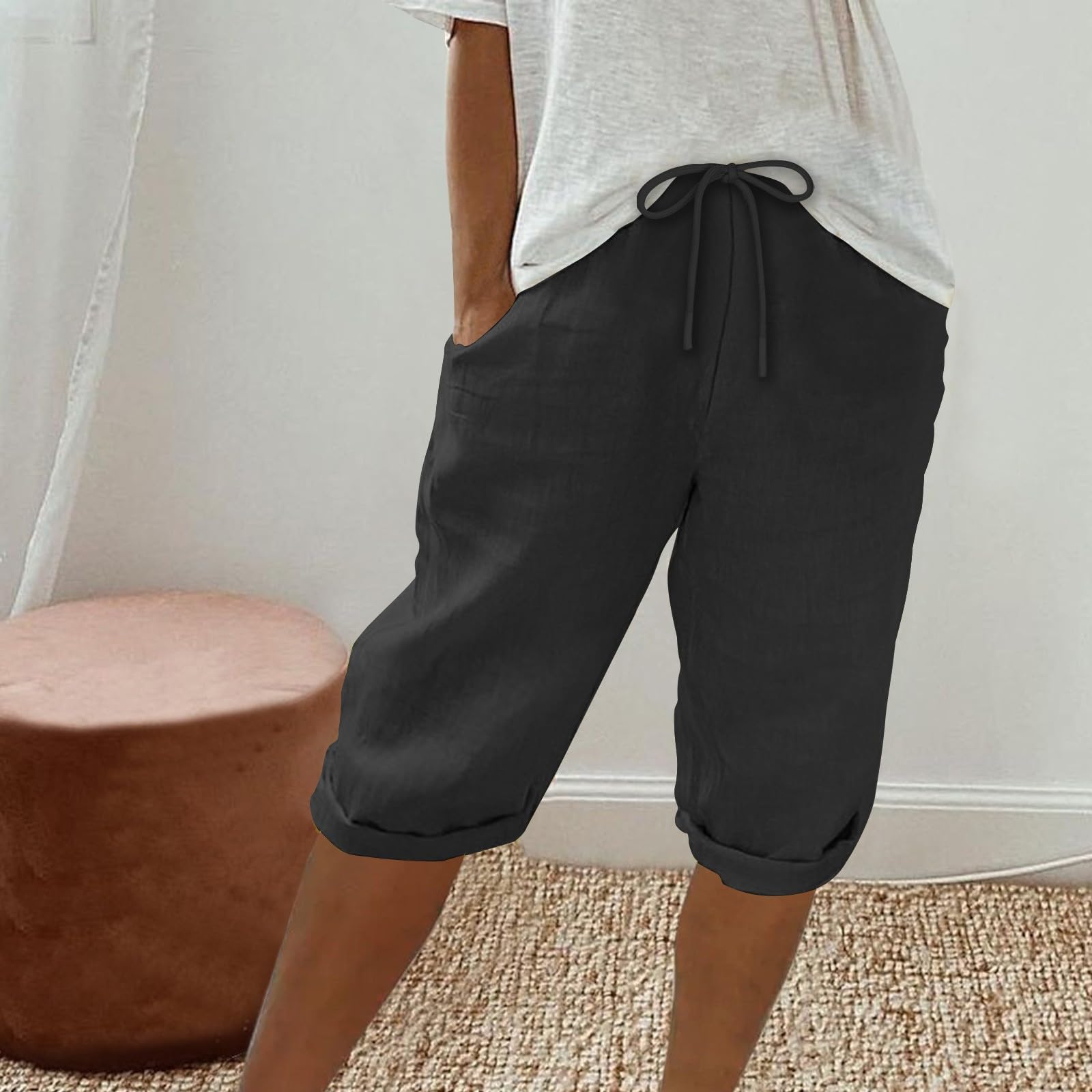 Women's Linen Bermuda Shorts - High Waisted Summer Shorts with Pockets for Beach & Lounge