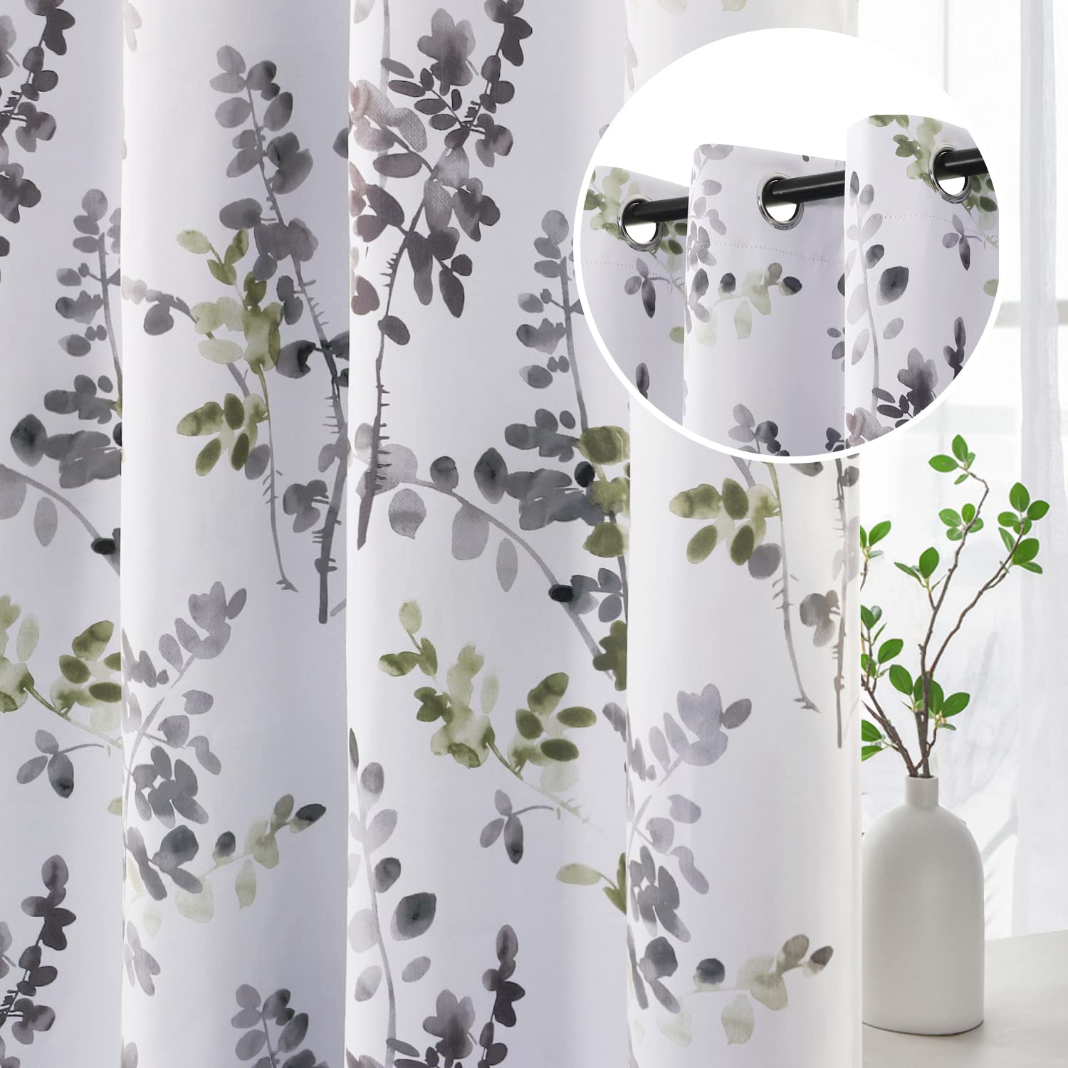 H.VERSAILTEX 84 Inch Floral Curtains - Thermal Insulated Blackout Drapes with Grommet Top, Light Blocking Room Darkening Curtains for Living Room & Bedroom, 2 Panels, Grey and Sage - Perfect for Home Decor, Privacy & Energy Efficiency