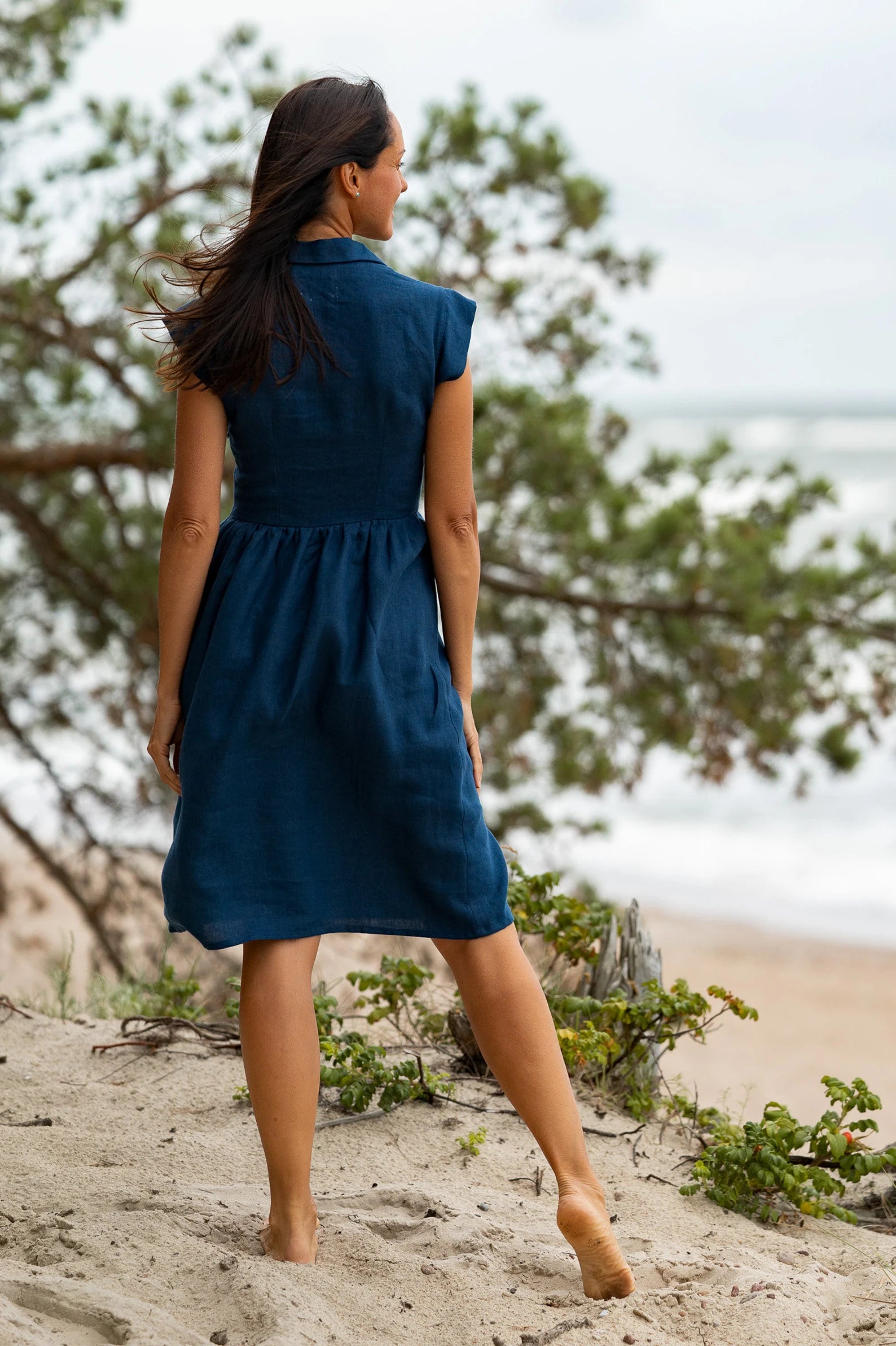 Elegant Fitted Linen Dress - Cinderella Style in Midnight Blue | Perfect for Summer Weddings, Garden Parties & Casual Outings