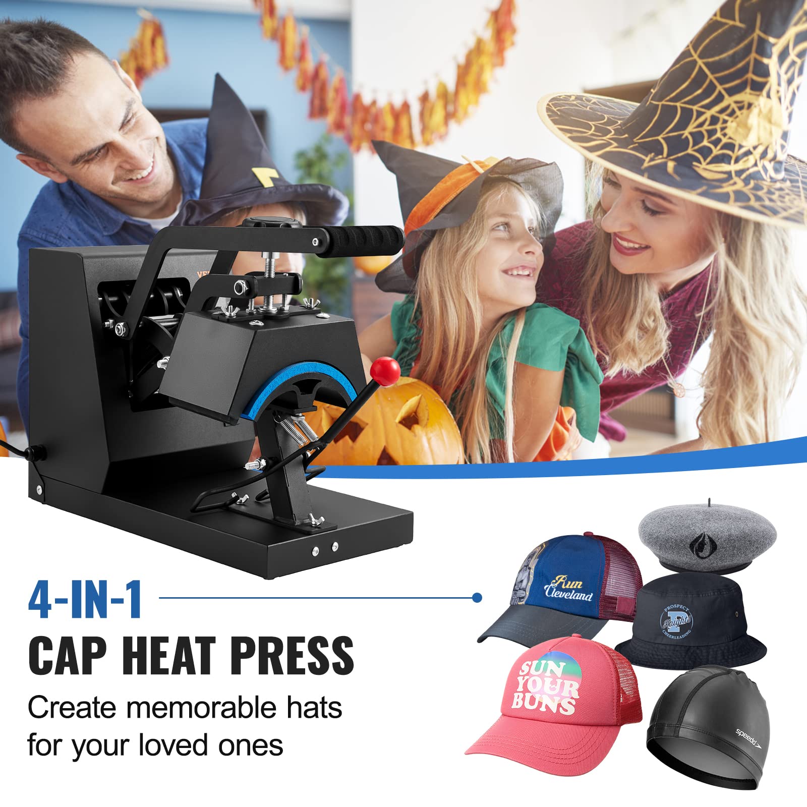 VEVOR 4-in-1 Hat Heat Press Machine with LCD Digital Control - 6x3inches Heating Platen for Sublimation Transfer on Hats & Caps - Includes 4 Replaceable Heating Pads (6x3/6.7x2.7/6.7x3.8/8.1x3.5) - Perfect for Custom Hat Printing, DIY Crafts & Small Business Apparel Decoration