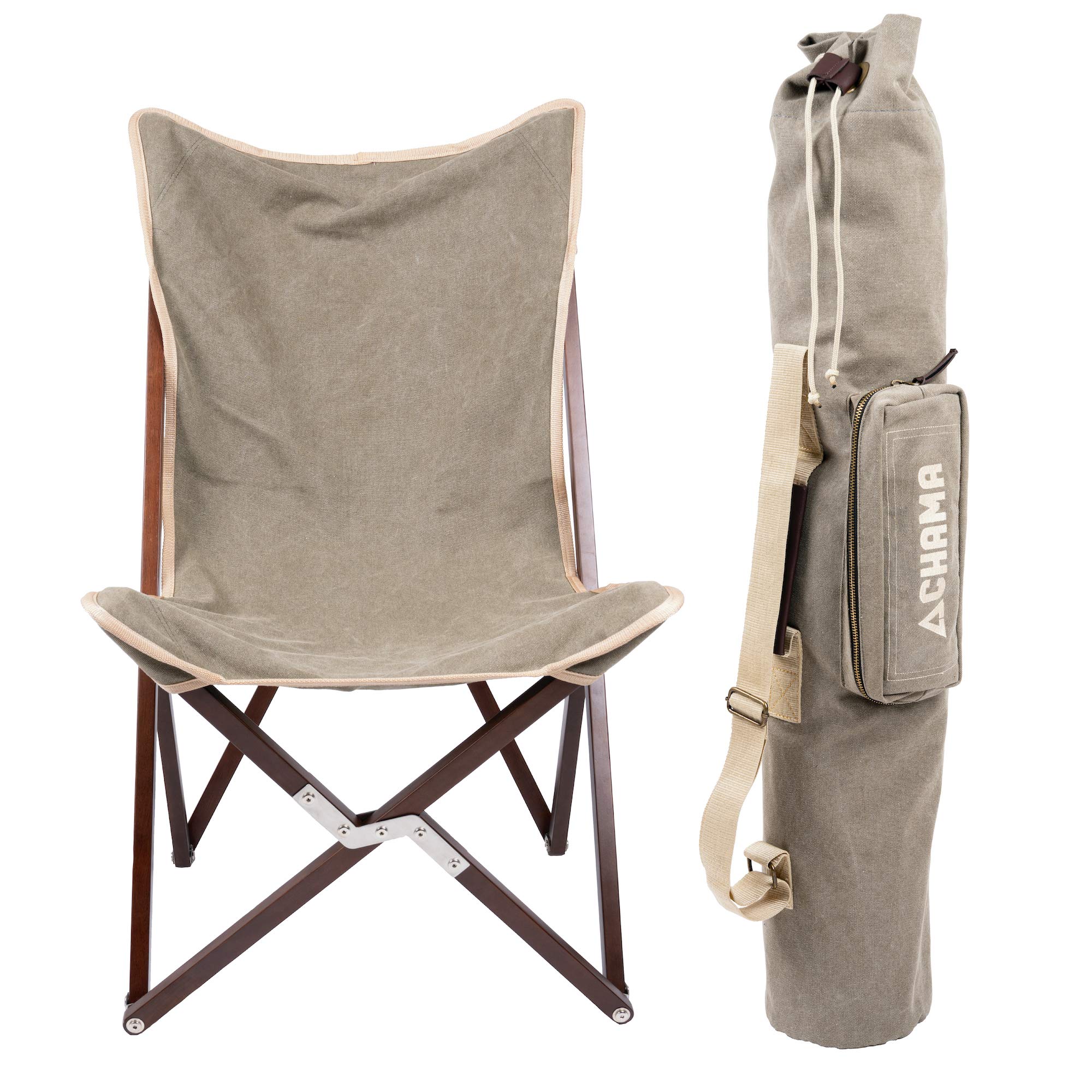 CHAMA Vaquero Folding Chair & Travel Bag - Portable Outdoor Wood and Canvas Camping Chair for Patio, Lawn, Beach, Picnic - Supports 300 lbs - Slate & Bone Color - Perfect for Backyard BBQs, Tailgating, and Indoor Gatherings