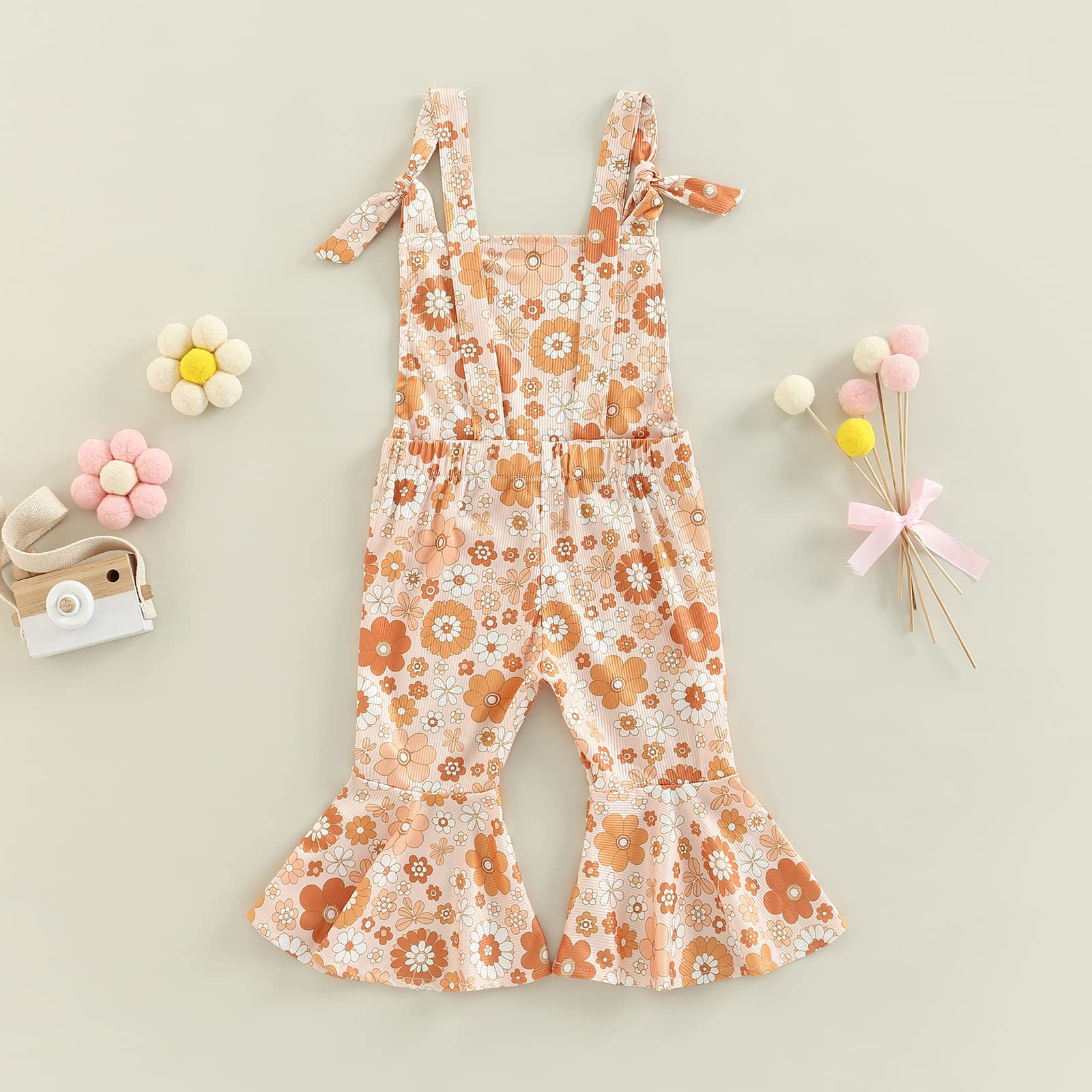 Baby Girl Summer Outfit Floral Print Suspenders Jumpsuit with Bell Bottom Flare Pants - Cute Toddler Overalls for Playdates, Beach Trips & Photoshoots
