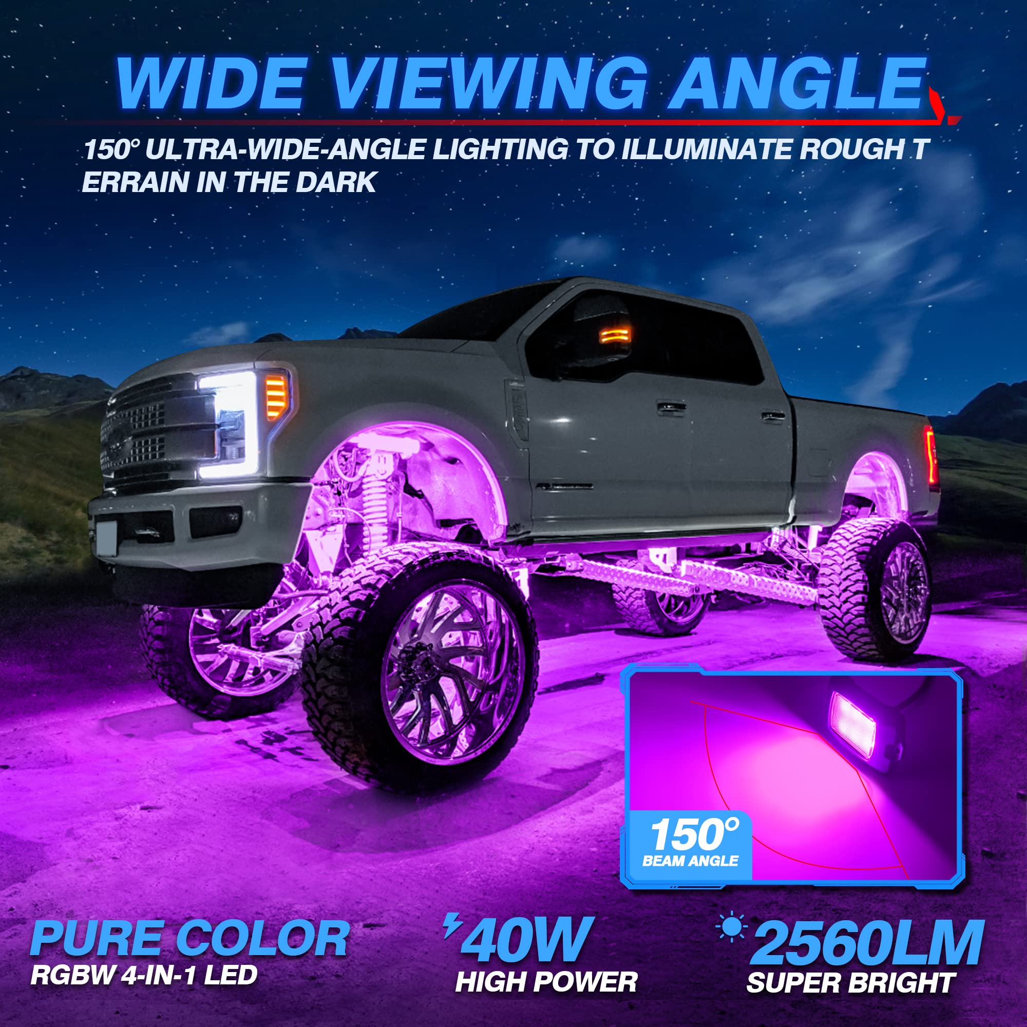 MICTUNING Q1 RGBW LED Rock Lights - 8 Pods Underglow Multicolor Neon Light Kit with Bluetooth App & Remote Control, Wiring Switch, Music Sync Mode - Perfect for Truck, ATV, UTV, RZR Off-Road Lighting & Custom Vehicle Styling