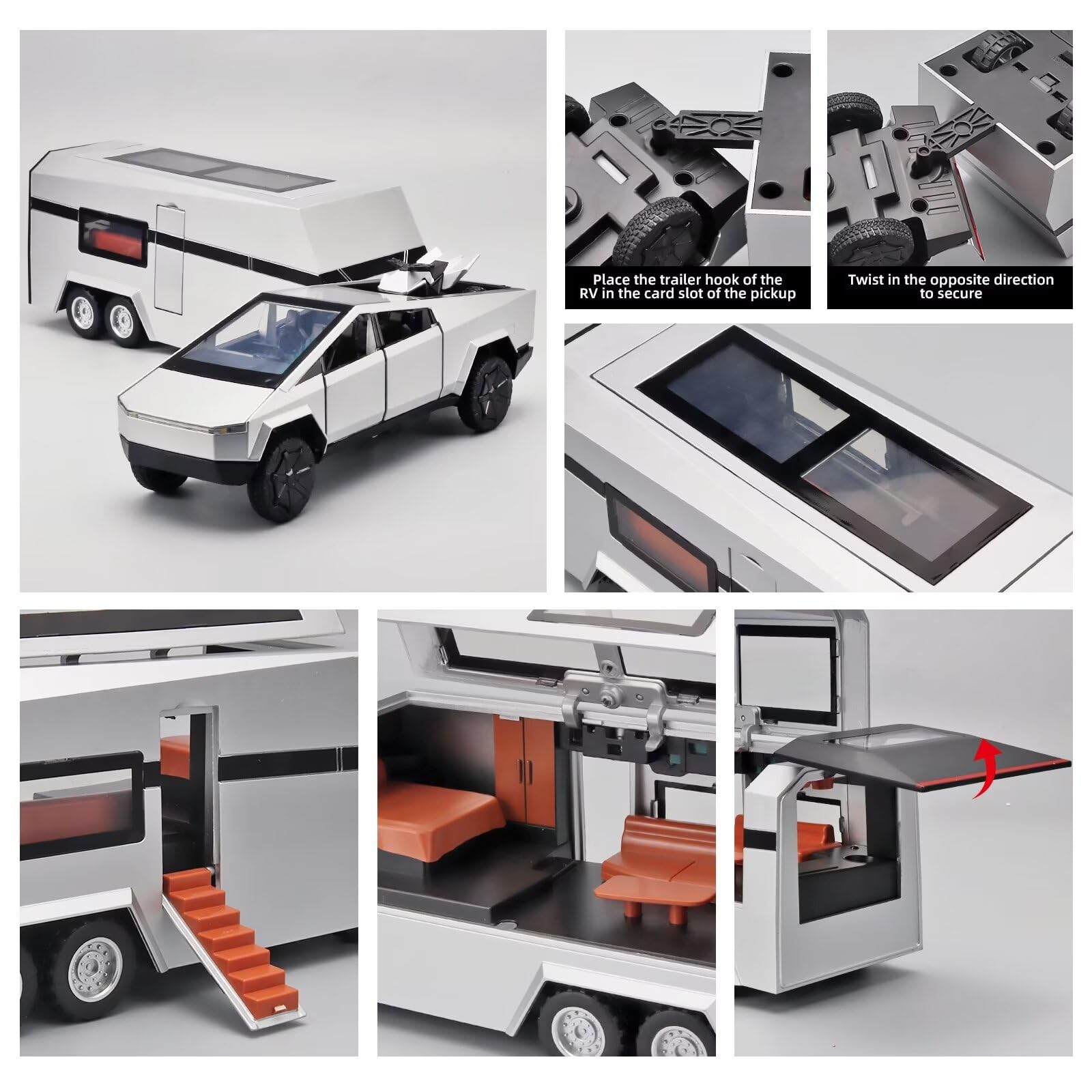 Diecast Metal Mars Pickup Trailer Toy RV with Sound & Light - Pull Back Truck & Trailer Model Kit for Boys Ages 4-7 - Perfect for Imaginative Play, Car Shows & Birthday Gifts (Silver)