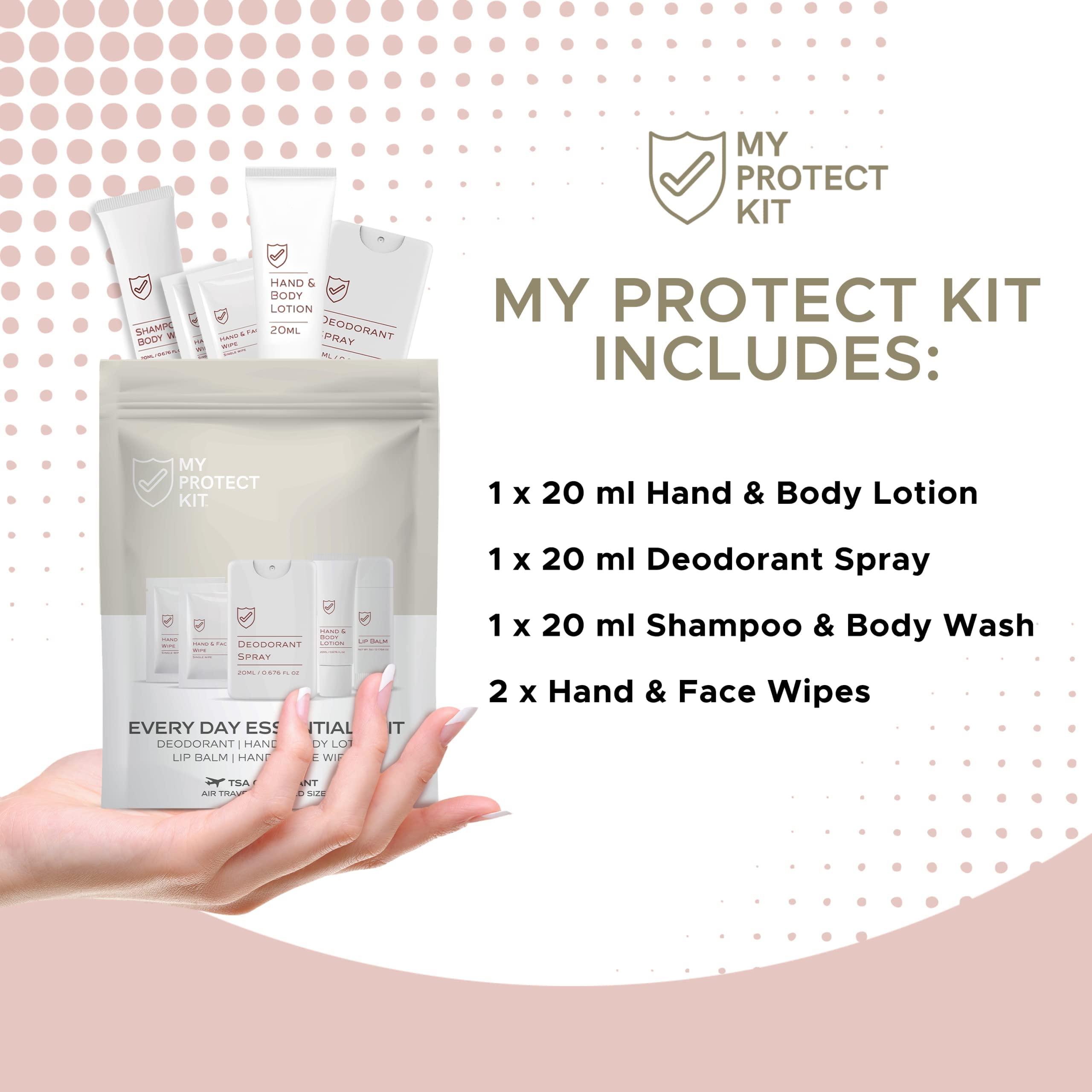 TSA Approved Travel Toiletry Kit for Men & Women - Hygiene Essentials with Hand & Body Lotion, Deodorant, Lip Balm, Face Wipes - Perfect for Airplane, Camping & Business Trips - My Protect Kit