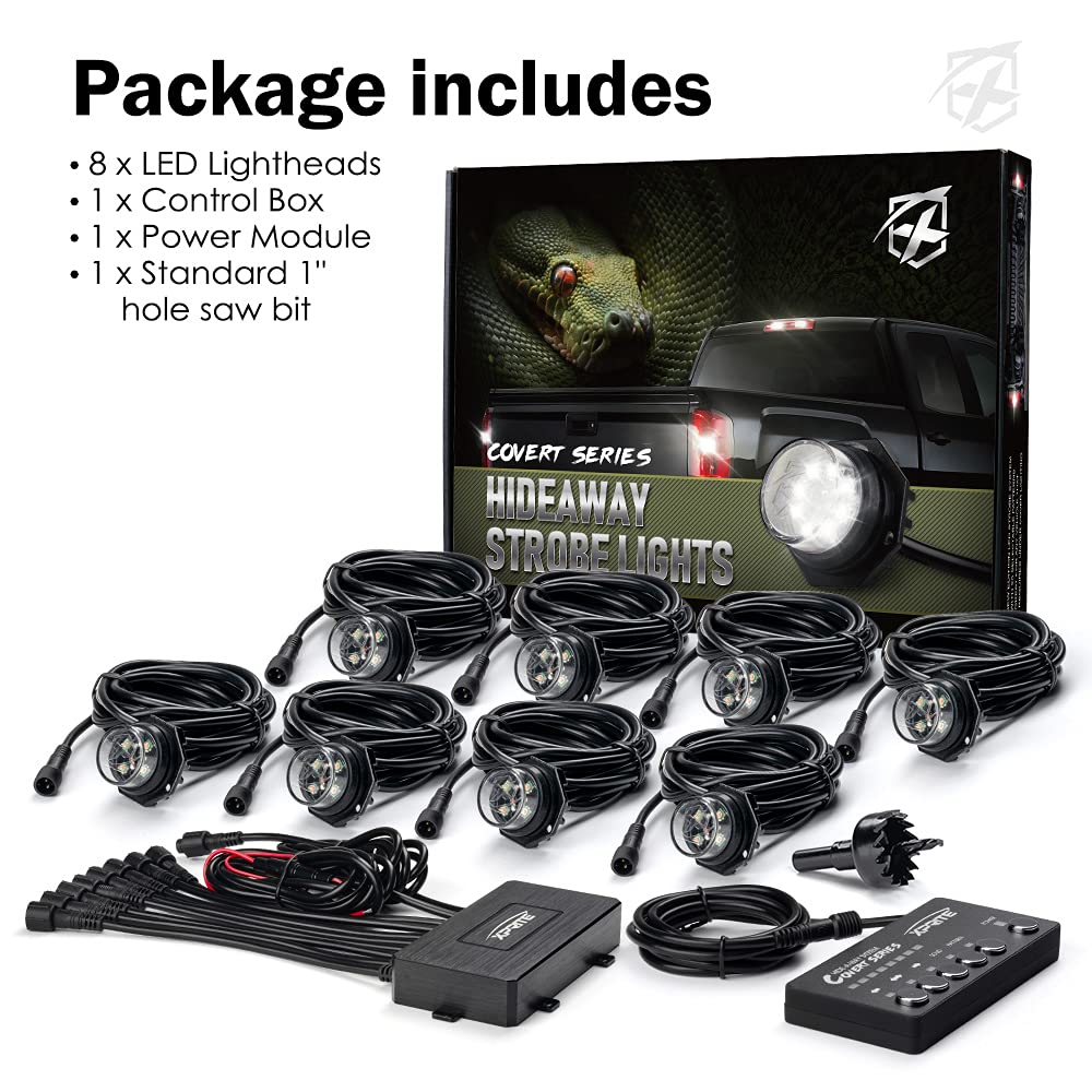 Xprite Blue LED Hideaway Strobe Police Lights Kit - 20 Flashing Modes with Control Panel for Headlights & Taillights - Emergency Warning Lights for POV Vehicles, Volunteer Cars, Trucks & SUVs (8PC Set) - Perfect for Roadside Assistance, Security Patrols & Emergency Response