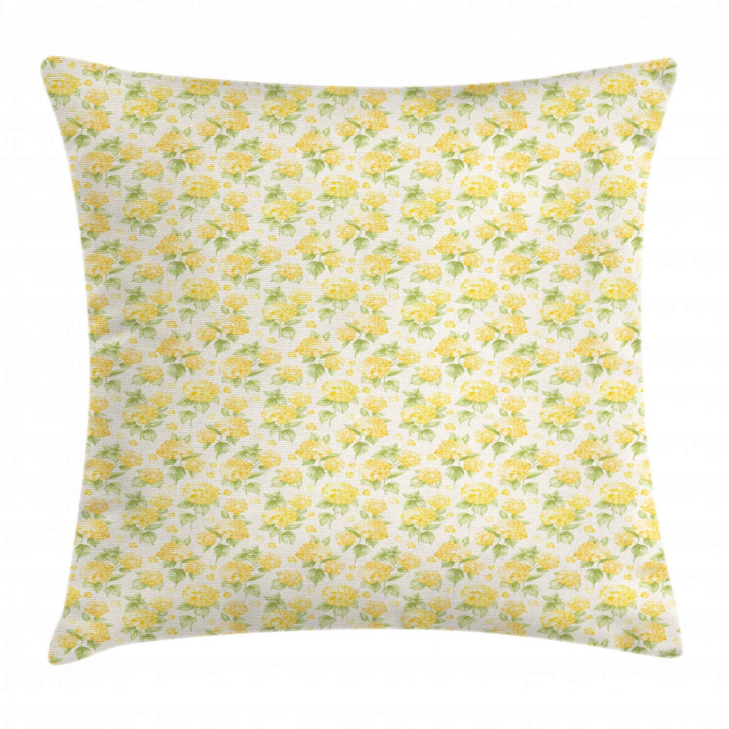 Ambesonne Spring Floral Throw Pillow Cover 20x20 Inches - Hydrangea on Branches Nature Design, Off White & Yellow Green Square Cushion Case for Sofa, Bed, Living Room Decor
