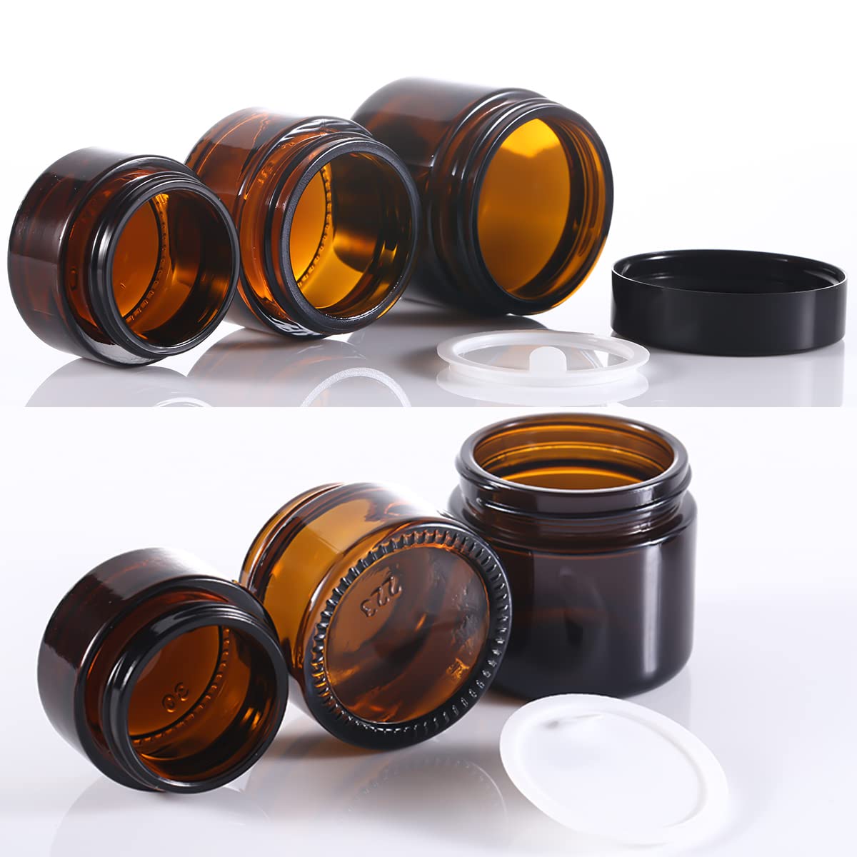 6 Pack 20ml Amber Glass Jars with Black Lids - Refillable Cosmetic Containers for Travel, Sample Storage, Creams, Lotions & Powders | Perfect for DIY Beauty, Essential Oils & Skincare Products