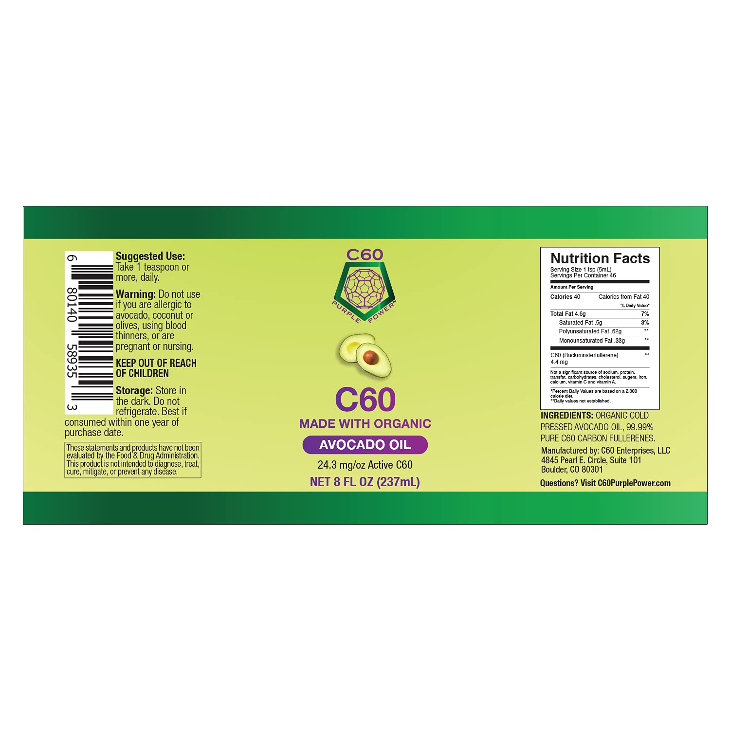 Organic Avocado Oil with 99.99% Pure C60 Fullerenes - 8 Fl Oz | Antioxidant Support, Mitochondrial Health | Cooking, Skincare & Wellness Supplement