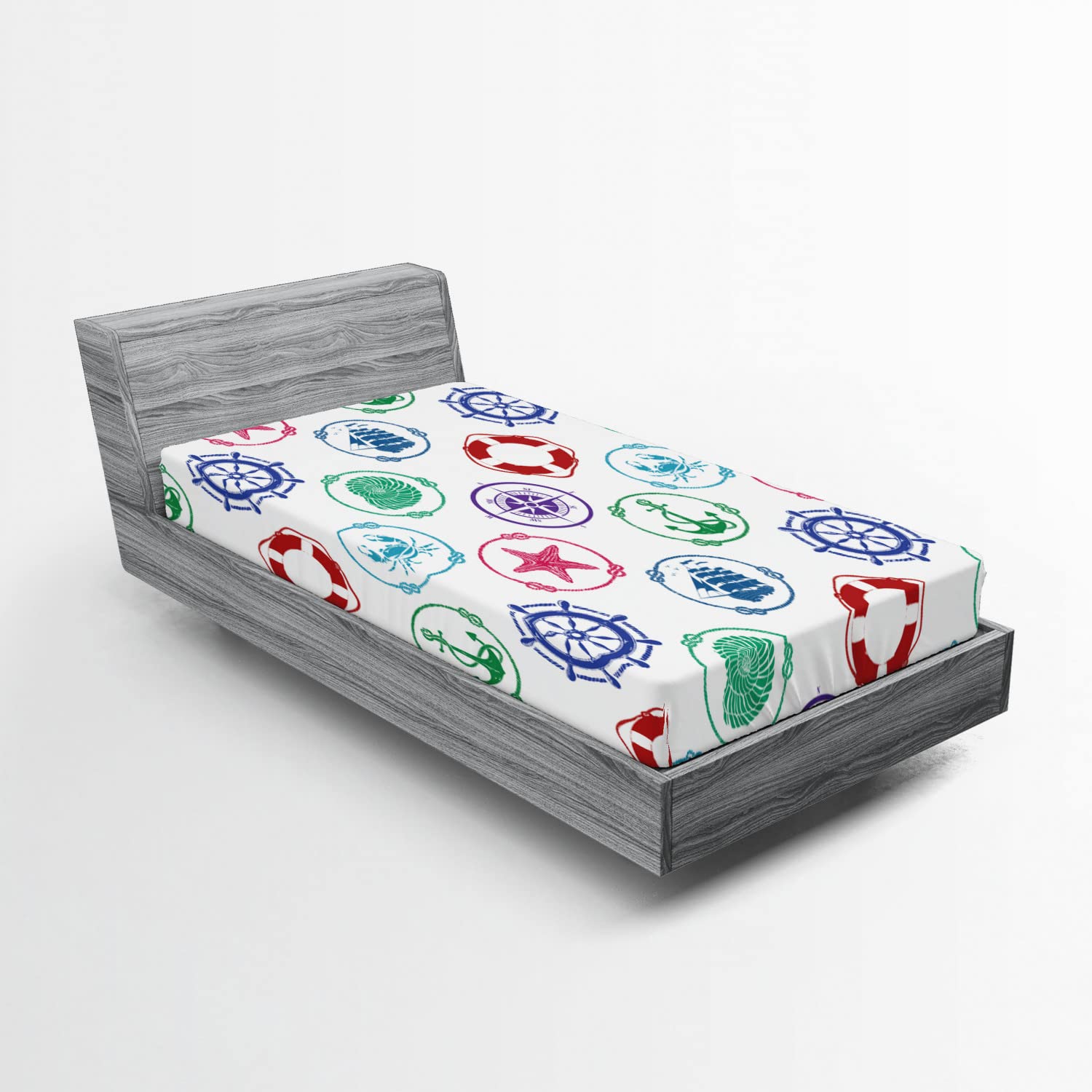 Ambesonne Marine Themed Fitted Sheet - Anchor, Wheel, Compass & Sea Life Design, Deep Pocket All-Around Elastic, Twin XL Size, Green & Red - Perfect for Nautical Bedrooms, Beach Houses & Coastal Decor