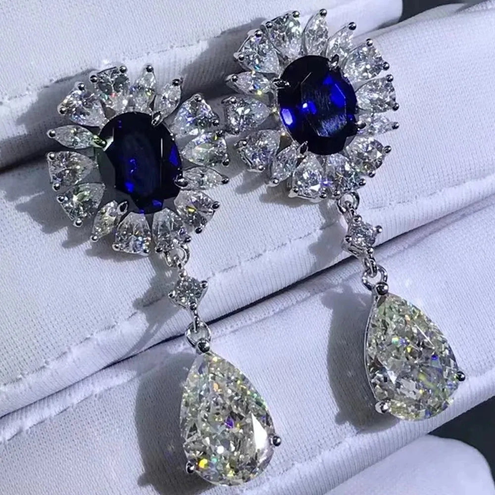 WUIHA 925 Sterling Silver Platinum Plated 12CT Ruby & Sapphire Moissanite Drop Earrings for Women - Elegant Dangle Jewelry Gift for Birthday, Anniversary & Special Occasions