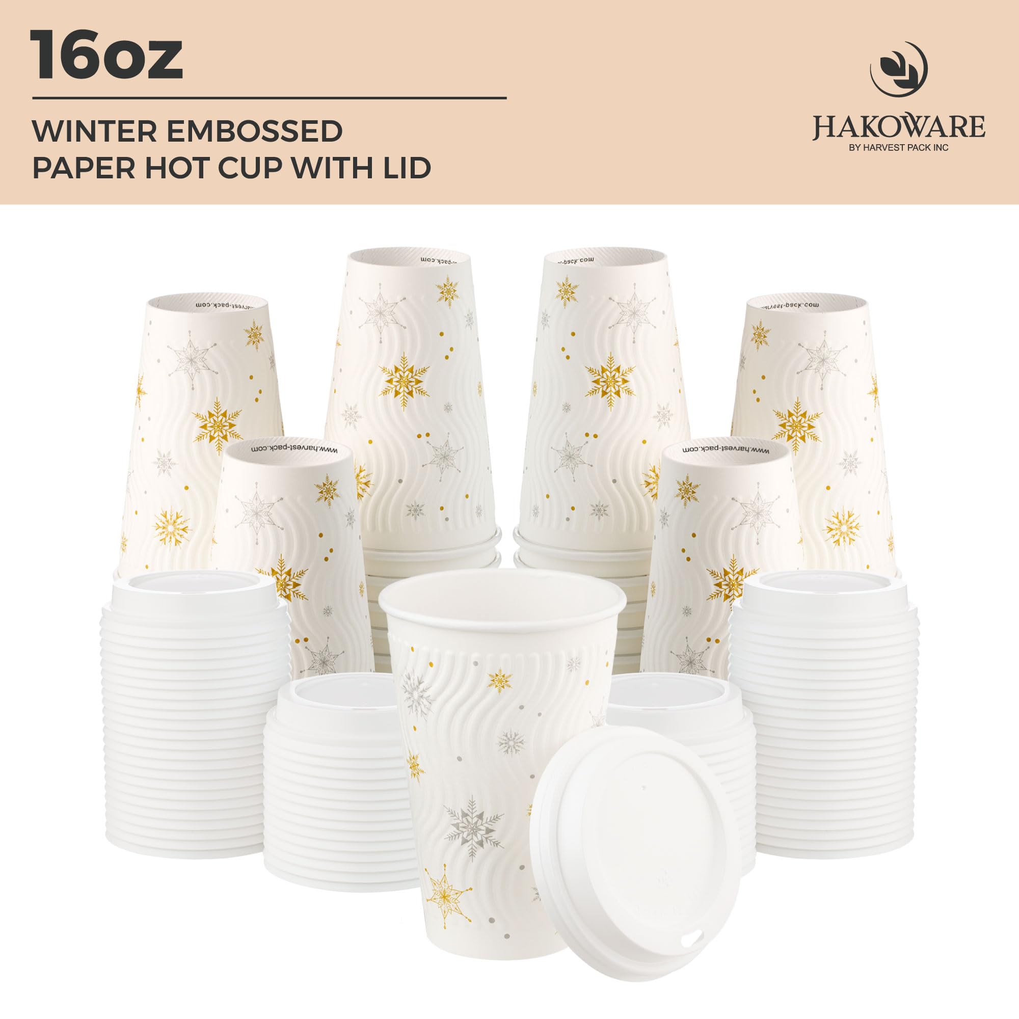 [400 SET] 16 oz Christmas Coffee Cups with Lids - White Snowflake Winter Disposable Paper Cups, Insulated Ripple Wall Design, XMAS Gold & Silver Foil - Perfect for Hot Chocolate, Holiday Parties & Office Gatherings