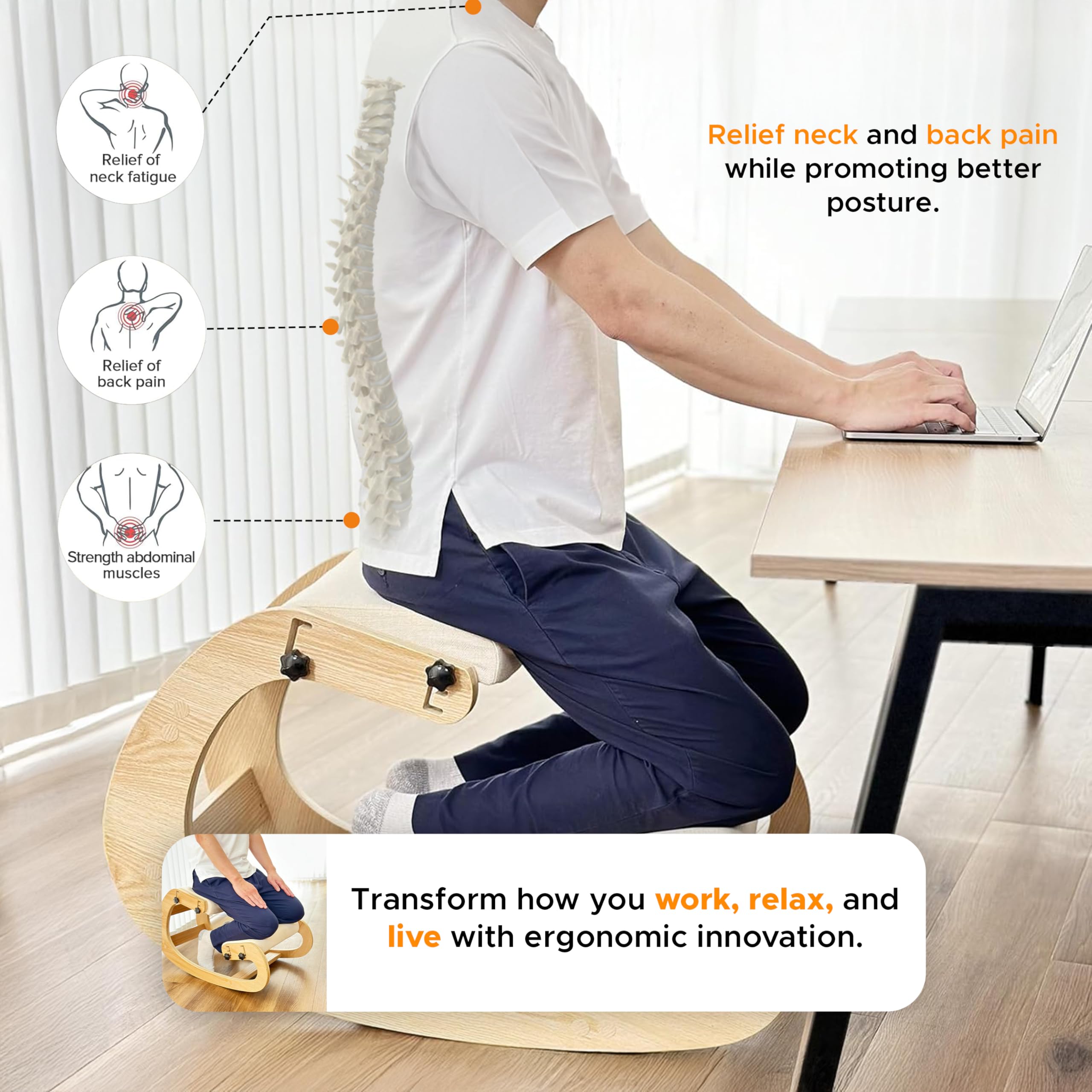 Ergonomic Adjustable Kneeling Chair for Back Pain Relief - Office Desk Posture Stool with Multiple Height Settings - Improves Posture & Comfort - Perfect for Home Office, Gaming & Meditation