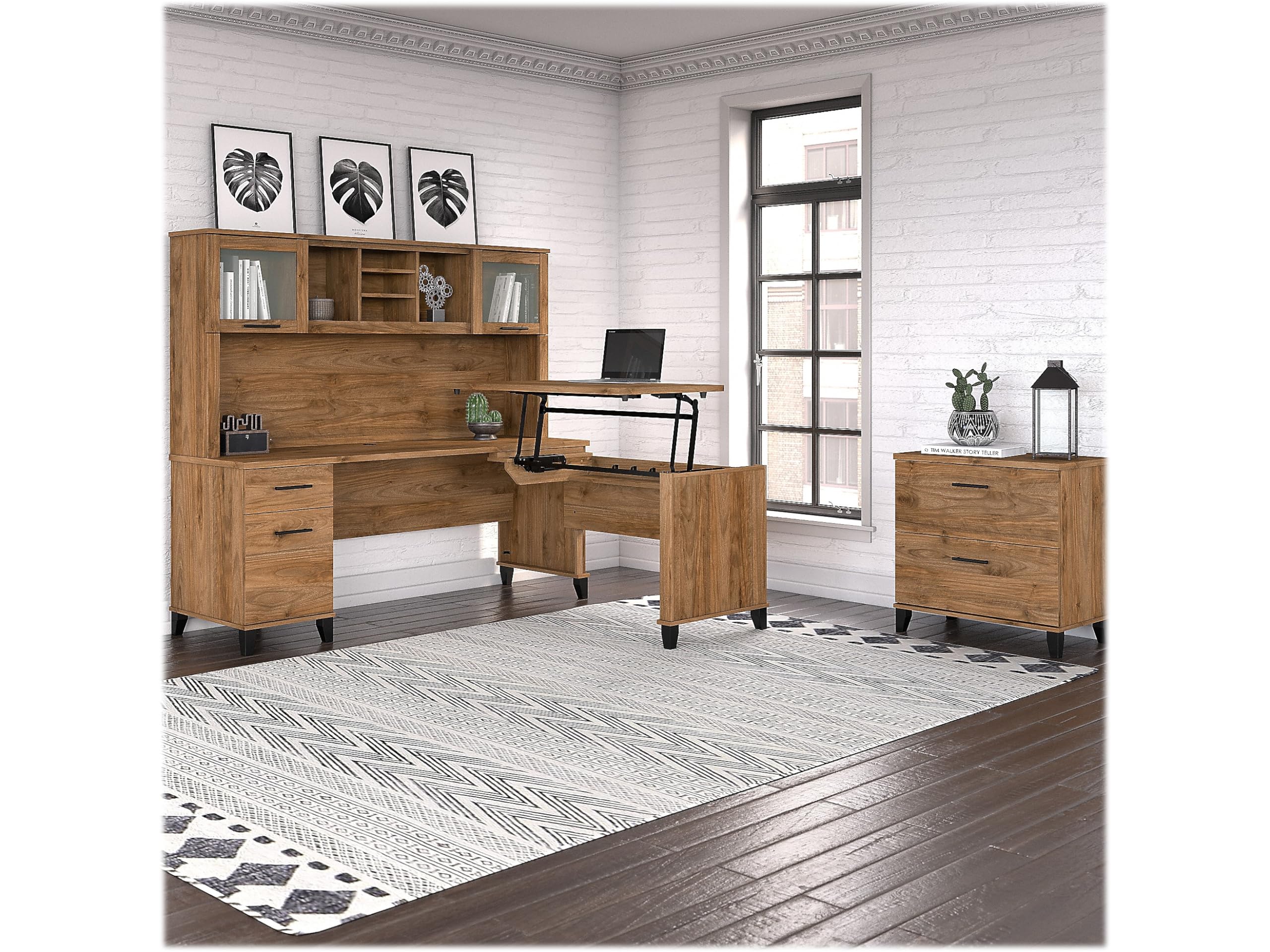Bush Somerset 42W 3-Position Sit to Stand Desk in Fresh Walnut - Engineered Wood Home Office Desk for Work from Home & Remote Work Setup