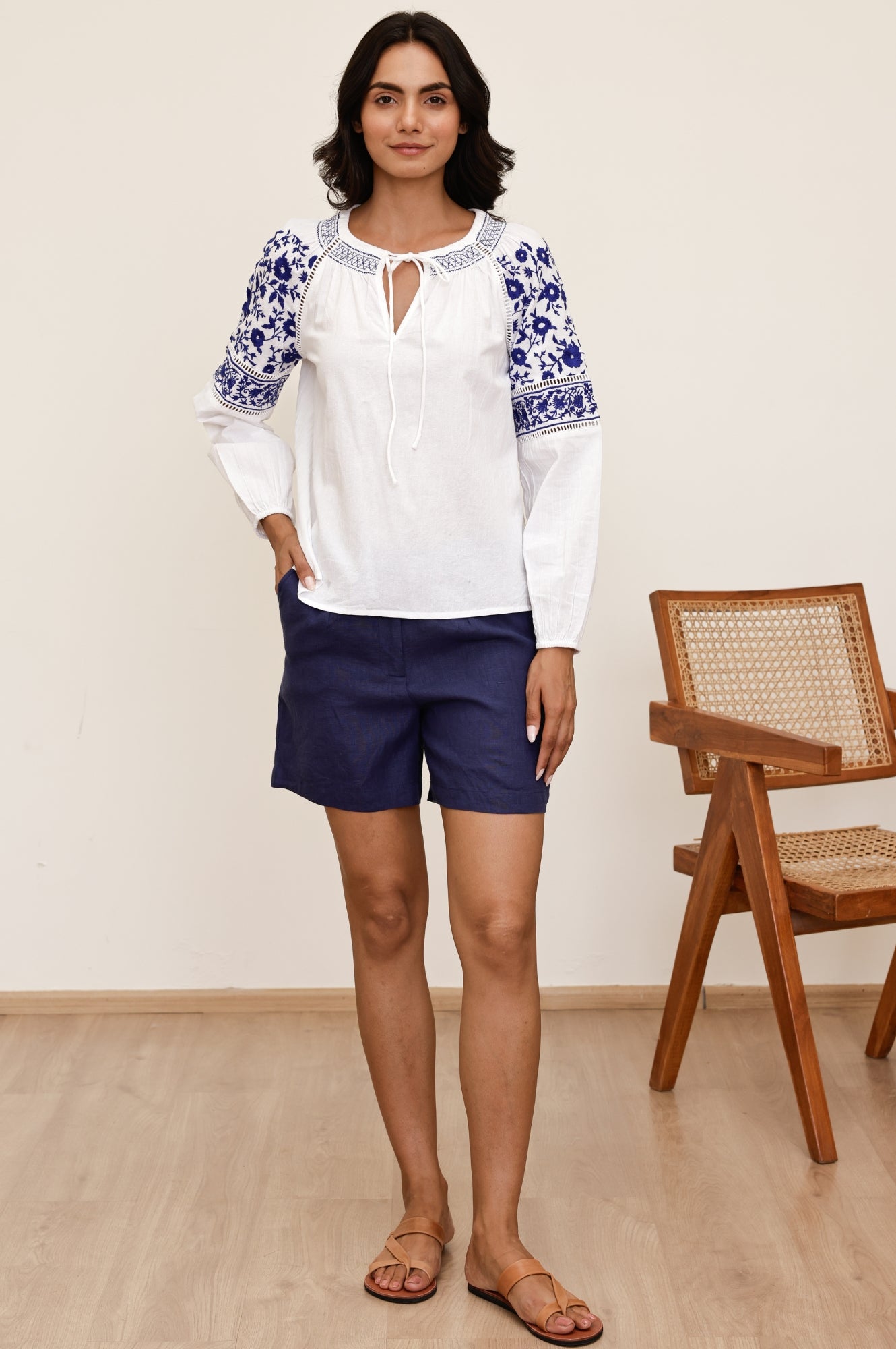 Ida Embroidered Top for Women - White & Cobalt Blue Floral Blouse | Perfect for Casual Wear, Office Outfits & Summer Fashion