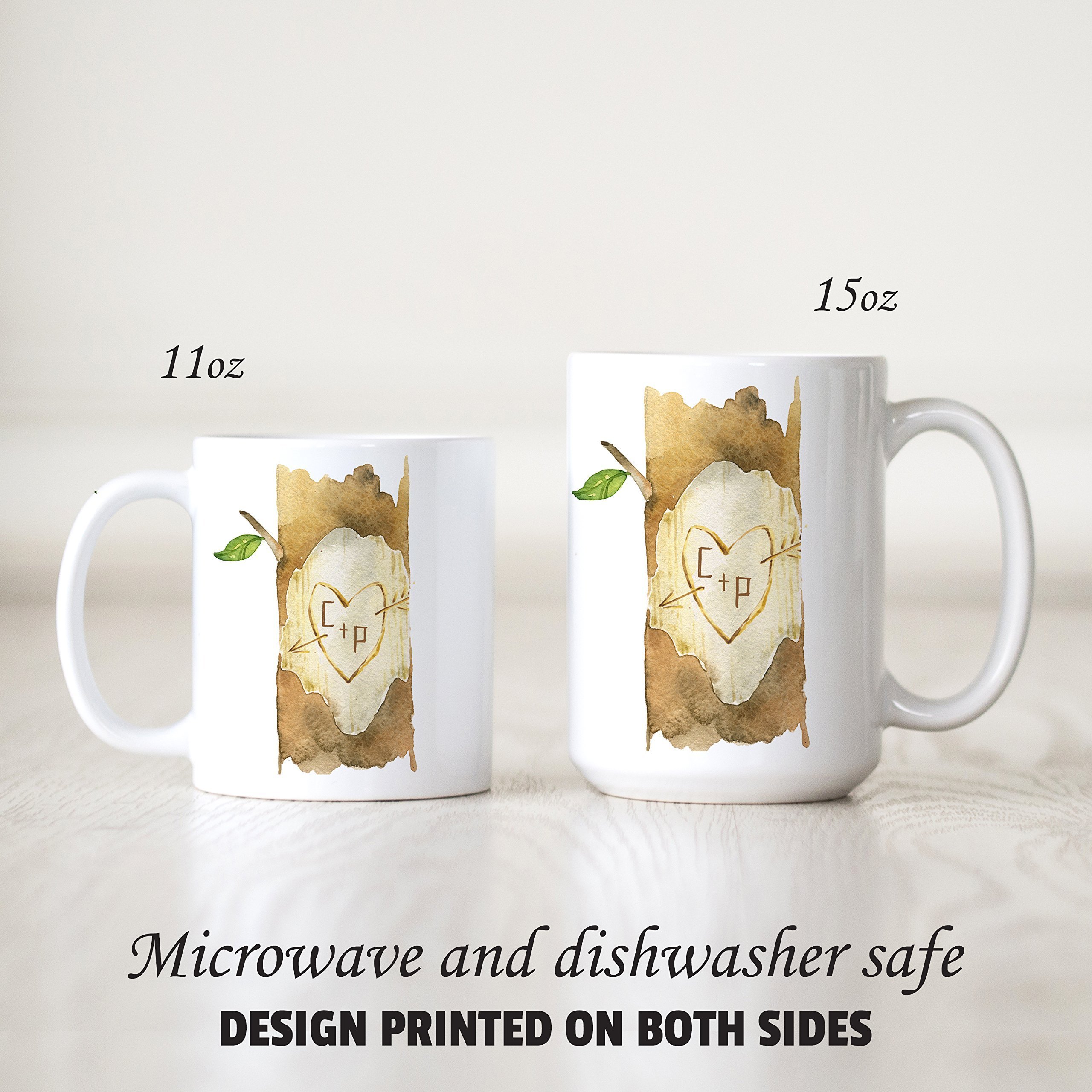 Personalized Initials Carved Ceramic Coffee Mug - Custom Monogram Couple Cup - Microwave & Dishwasher Safe - Perfect for Anniversary Gifts & Romantic Coffee Dates
