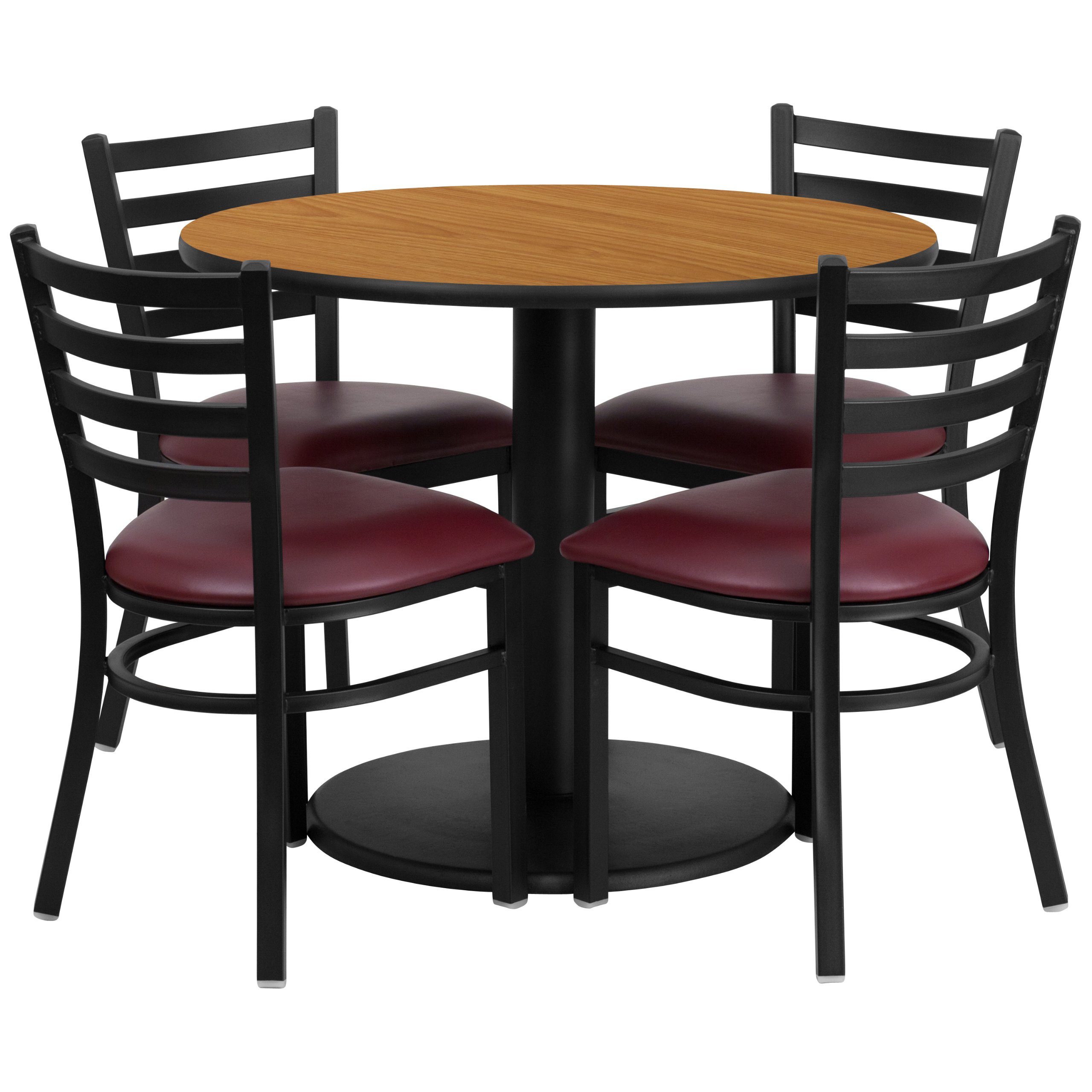 Flash Furniture 36-Inch Round Laminate Dining Table Set with 4 Ladder Back Metal Chairs - Natural Finish, Burgundy Vinyl Seats for Kitchen, Breakfast Nook or Small Space Dining