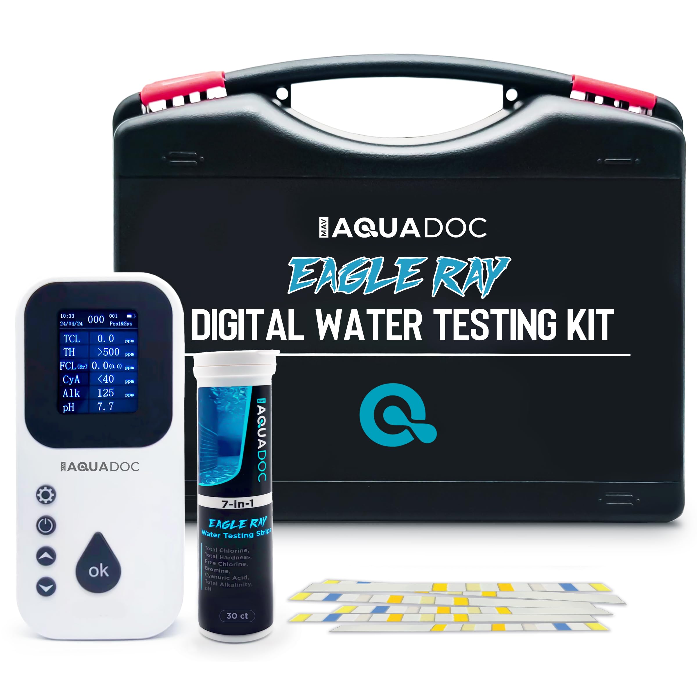**AquaDoc Digital Water Testing Kit - Accurate Pool & Hot Tub Water Tester for Chlorine, pH, Alkalinity | Includes Water Analyzer & Test Strips | Ideal for Home Pools, Spas & Maintenance**