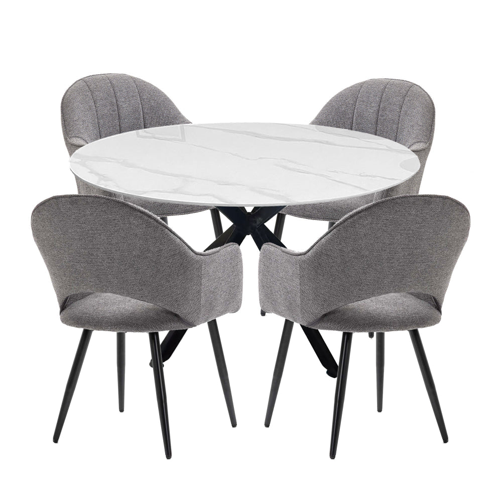 5-Piece Dining Set - Harper Round Marble-Look Dining Table 120cm White with 4 Luka Fabric Dining Chairs Grey | Modern Kitchen & Dining Room Furniture for Small Spaces | Perfect for Apartments, Breakfast Nooks & Cozy Family Meals