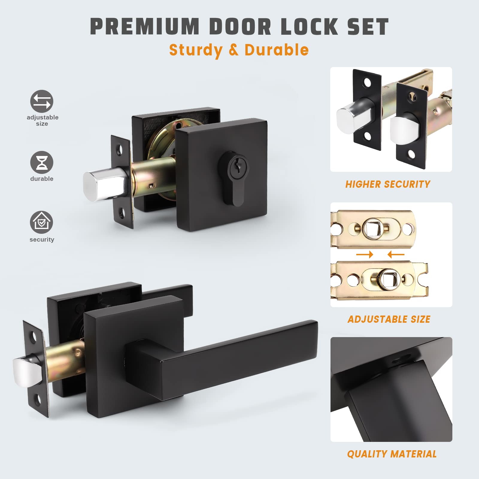 KNOBWELL 6-Pack Heavy Duty Square Entry Door Handle Set with Single Keyed Deadbolt - Matte Black Front Door Lever & Lock Set for Home Security (Ideal for Entrance, Front Door & Commercial Use)
