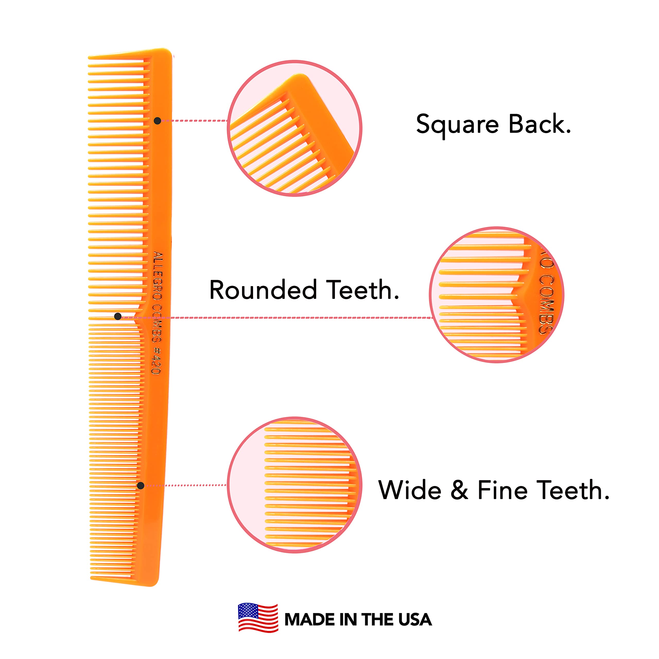Professional 3-Piece Hair Cutting Comb Set for Men & Women - Barber Styling, Beard & Mustache Grooming, Braiding & Parting - Includes Toddler & Kids Combs - Neon Orange - Made in USA | Perfect for Salons, Home Haircuts & Travel Grooming