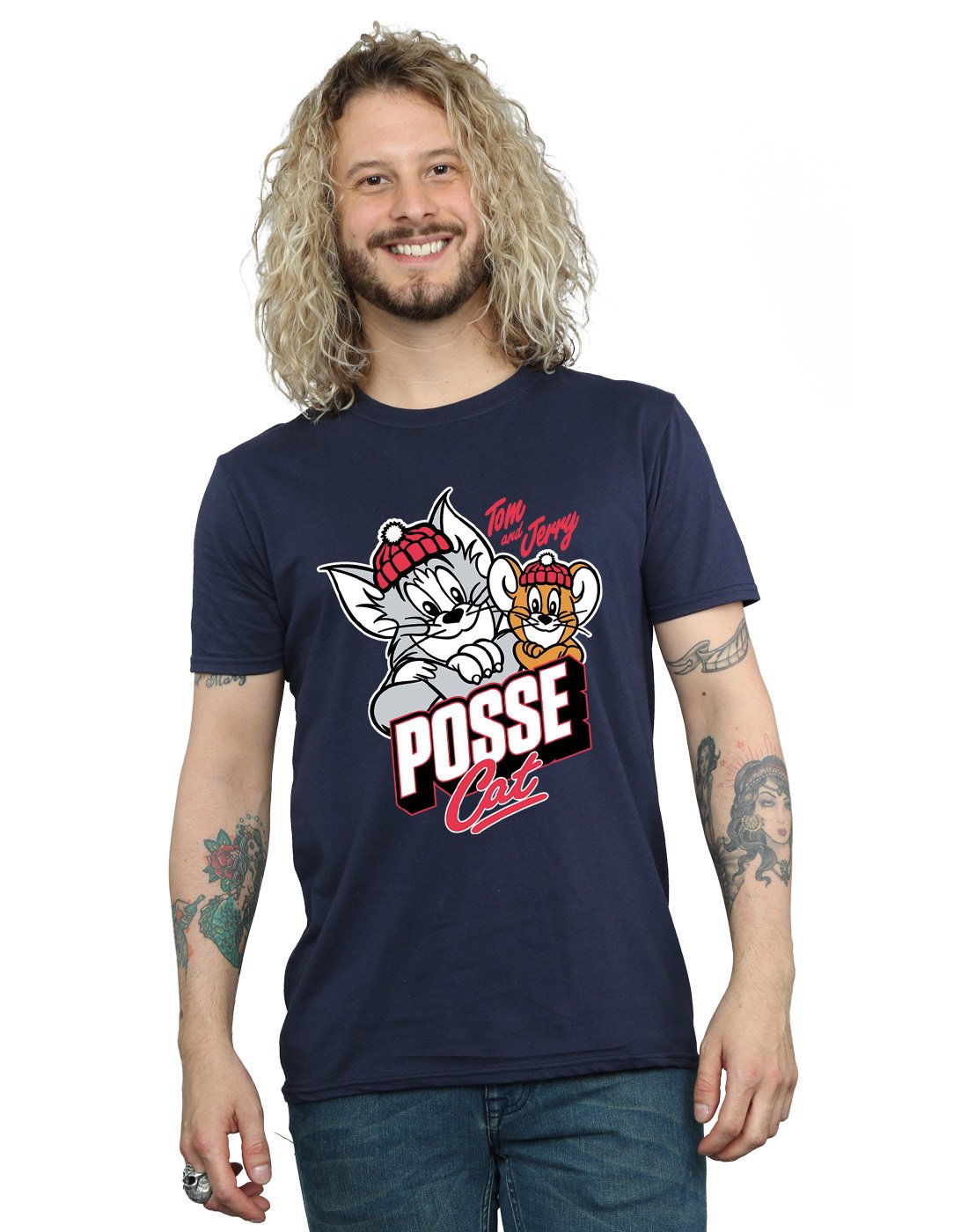 TOM and JERRY Men's Graphic T-Shirt - Small Navy Blue Cartoon Cat Print Cotton Tee - Casual Wear, Gift for Fans, Street Style Outfit