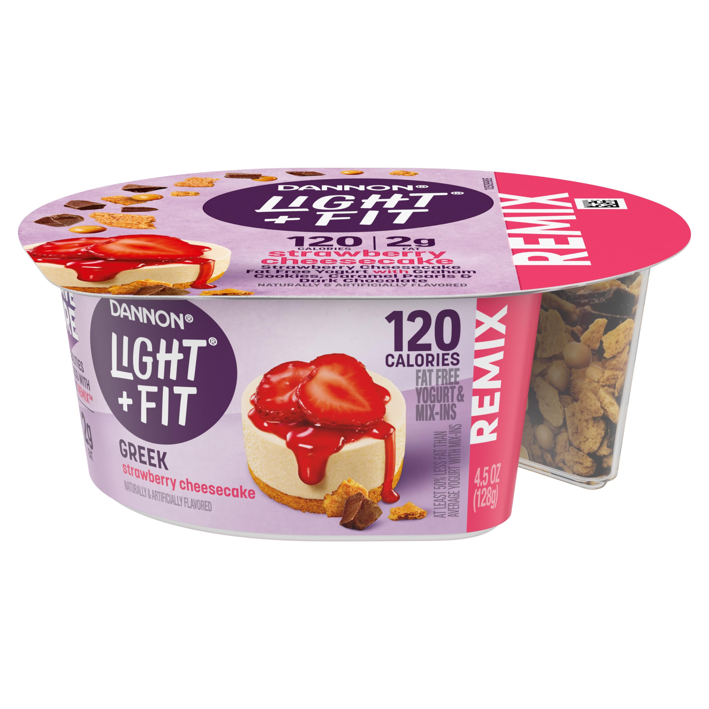Light + Fit Nonfat Greek Yogurt with Strawberry Cheesecake Flavor, Graham Cookies, Caramel Pearls & Dark Chocolate Mix-Ins - 4.5oz Cups | High-Protein Snack for Breakfast, Office or Post-Workout