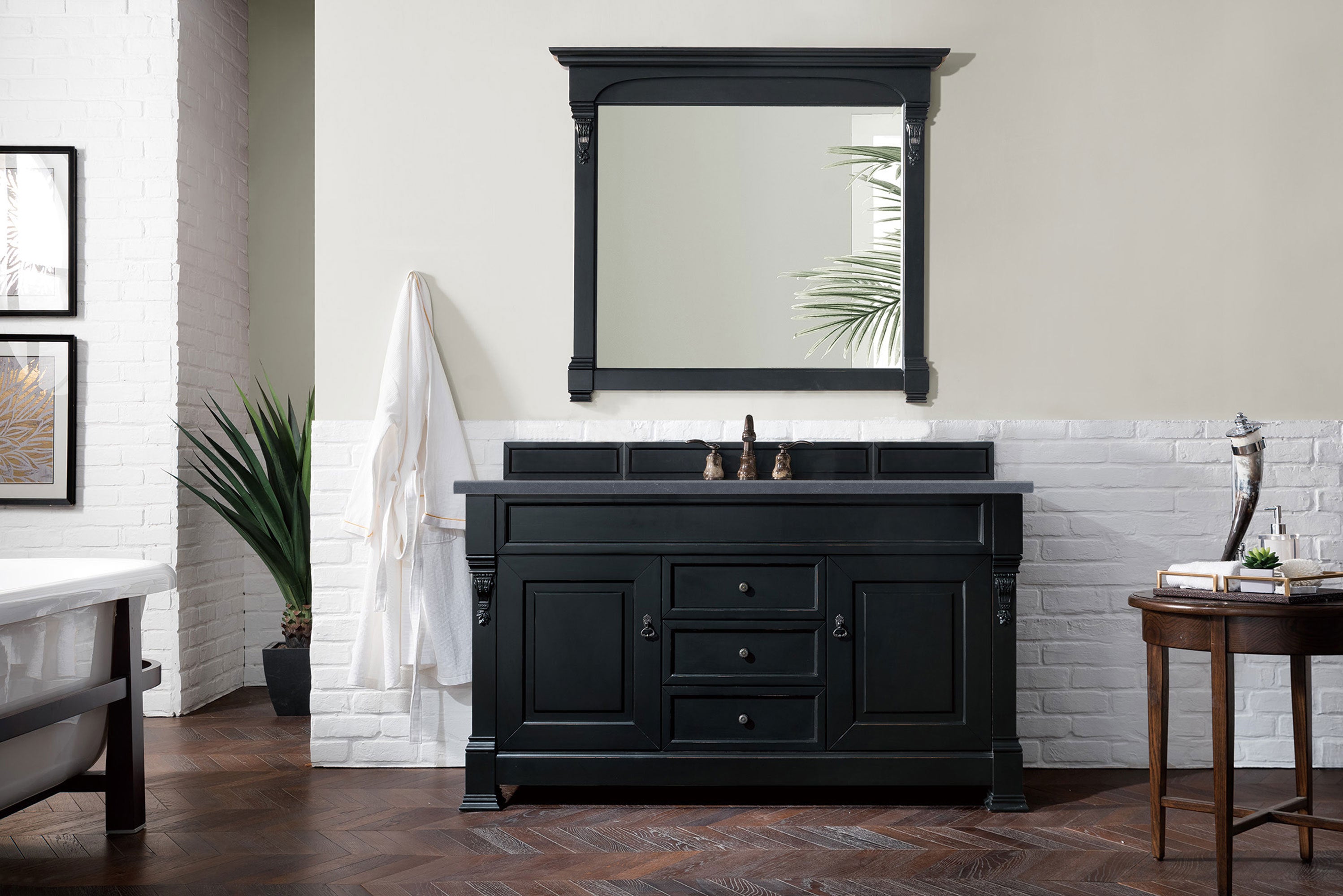 Brookfield 60 Inch Single Bathroom Vanity with Antique Black Finish & 3CM Charcoal Soapstone Quartz Countertop - Perfect for Modern Master Bathrooms and Powder Rooms