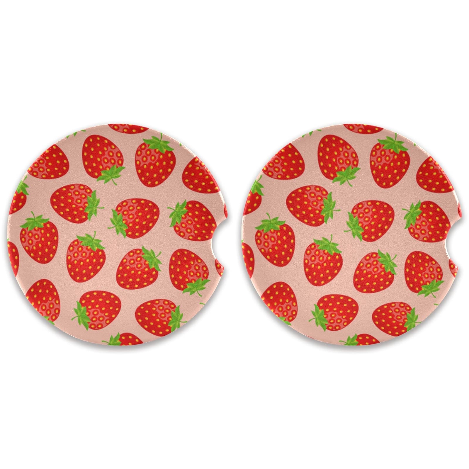2 Pack Absorbent Ceramic Strawberry Car Coasters with Fingertip Grip, 2.5 Inch Multicolor Cup Holder Coasters for Drinks - Perfect for Car, Office, and Home Use