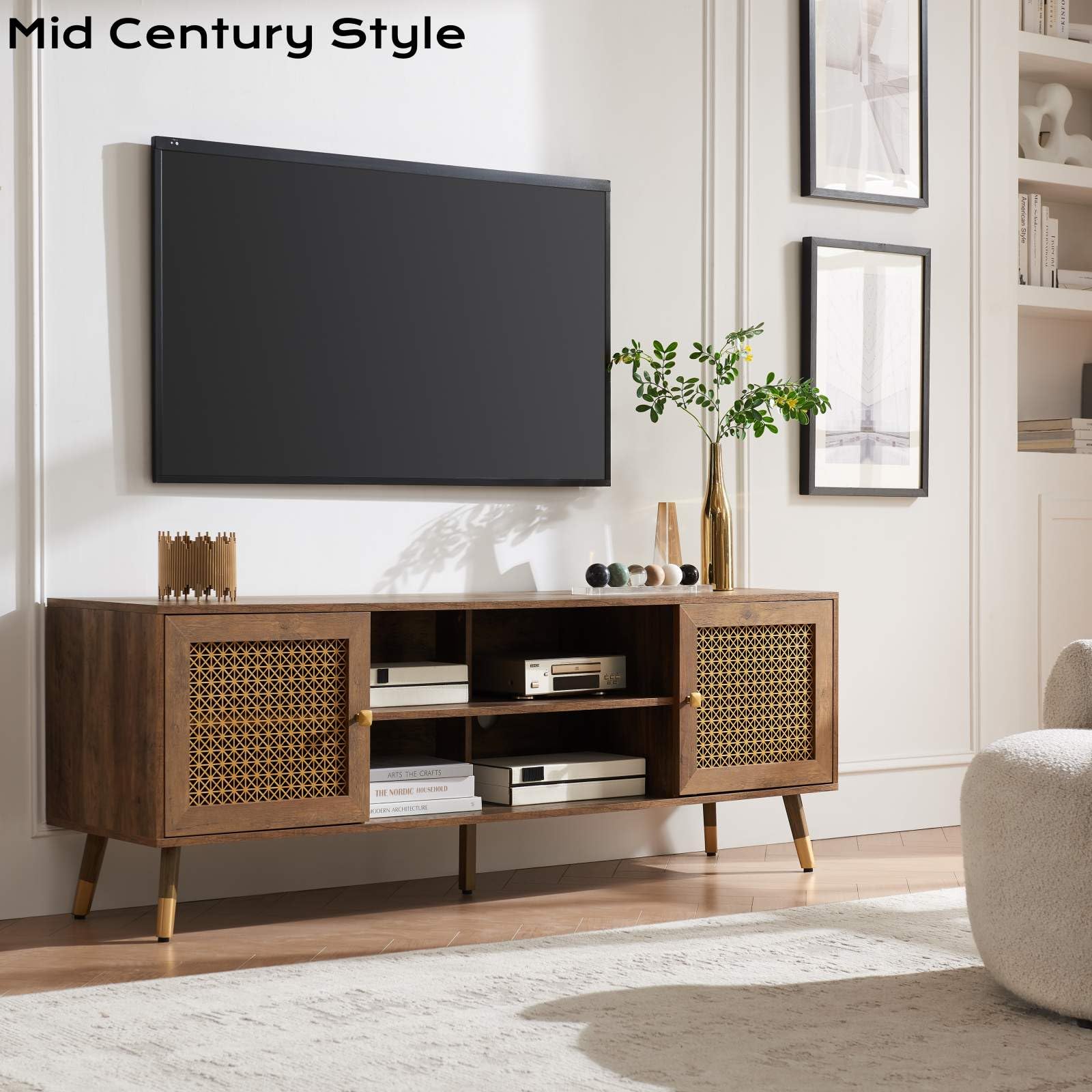 Modern Entertainment Center for 75 Inch TV - Boho TV Stand with Storage Cabinet & Open Shelves - Large Rustic TV Console for Living Room, Bedroom, Office - Perfect for Home Theater Setup & Media Organization