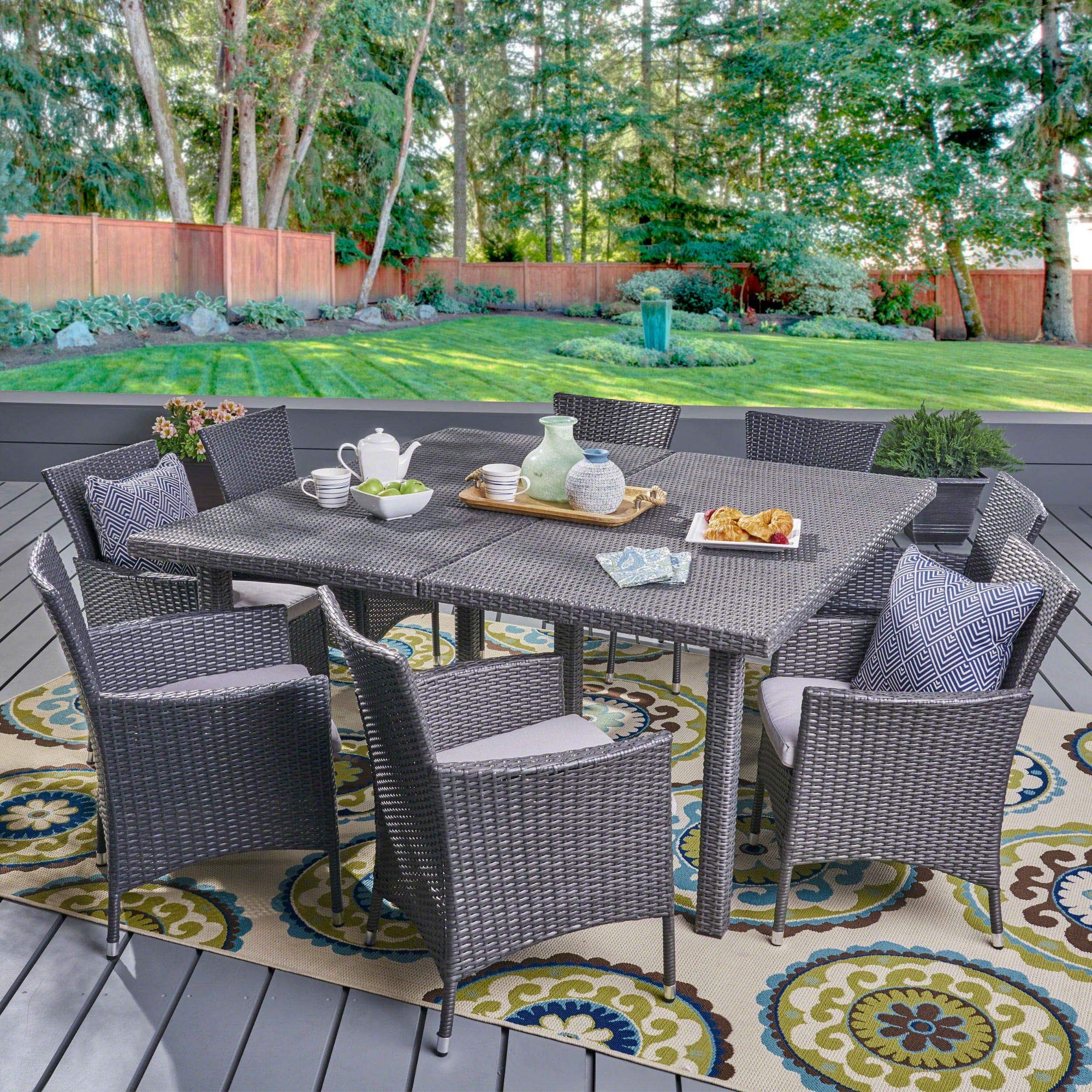 9-Piece Gray Square Wicker Outdoor Patio Dining Set with Silver Cushions - Modern Rattan Furniture for Backyard, Garden & Poolside Entertaining