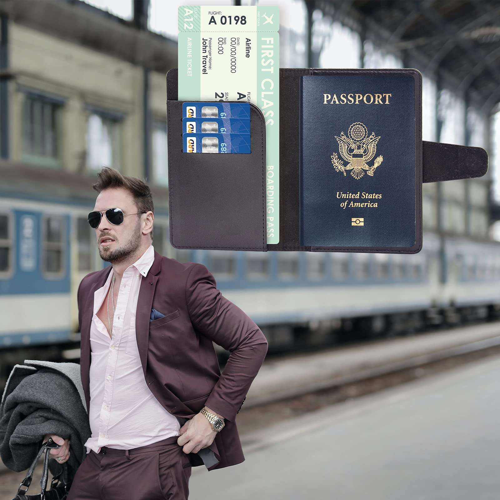 Teskyer RFID Blocking Passport Holder Wallet - Travel Essentials with Credit Card Slots & Air Ticket Pocket - Secure & Stylish for International Trips, Vacations & Business Travel - Black