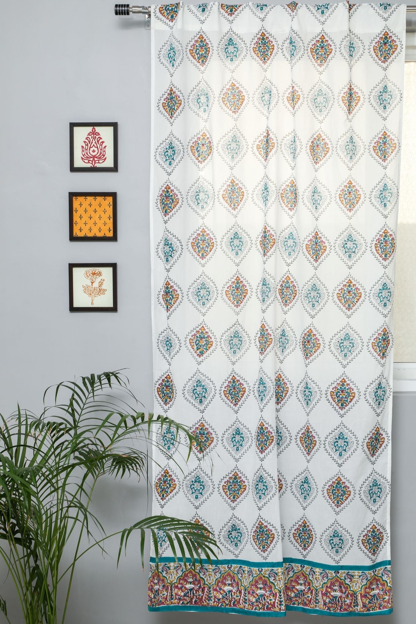 Handblock Printed Cotton Door Curtain - Traditional Indian Carved Ornaments Design | Perfect for Home Decor, Living Room, Bedroom & Entryway