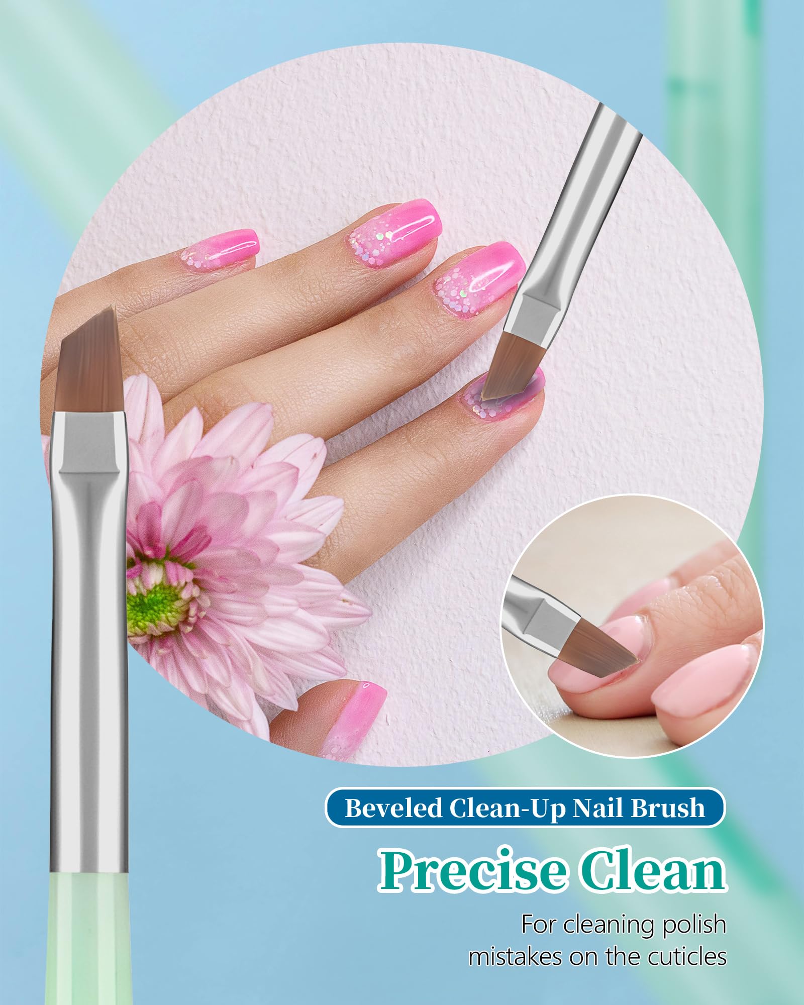 3PCS Nail Polish Clean Up Brush Set - Round, Flat & Angled Acetone Resistant Nail Brushes for OPI Nail Polish Remover, Professional Nail Art Tools for Home Manicure, Salon Use (Emerald Green) - Perfect for DIY Nail Designs, French Tips & Cuticle Cleaning