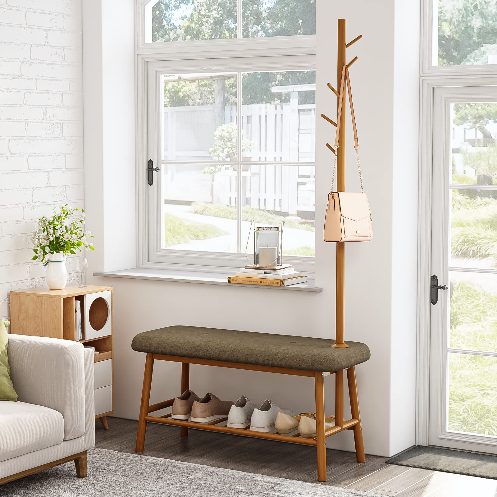 Bamworld 3-in-1 Entryway Bench with Coat Rack, Shoe Storage & Shelf - Bamboo Wood Hallway Organizer for Shoes, Coats & Bags - Perfect for Small Spaces, Mudrooms & Home Entryways