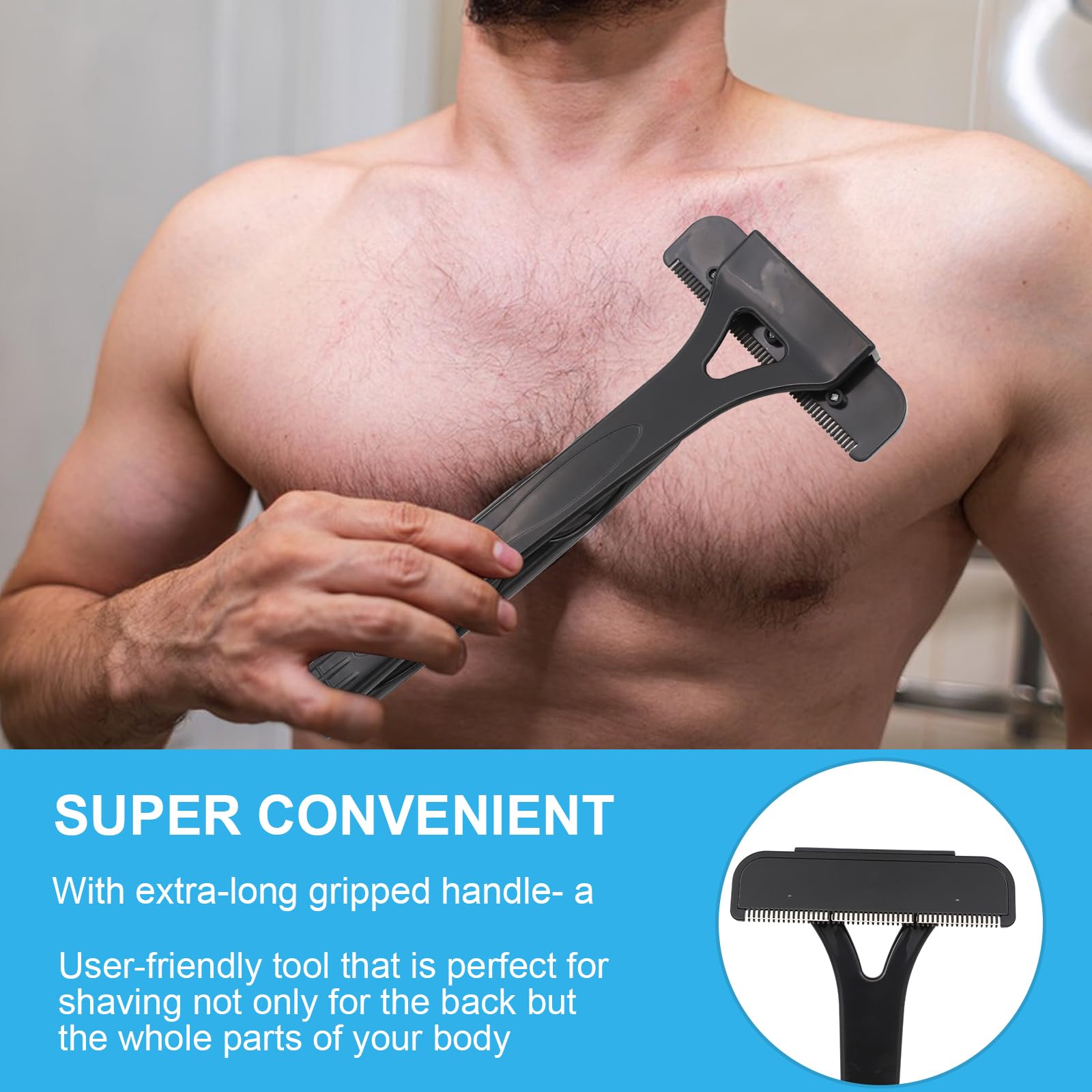 Men's Back Razor & Body Hair Trimmer - 10 Replacement Blades, Foldable Back Hair Remover for Wet/Dry Shaving | Effective Back Shaving Tool for Smooth Skin | Perfect for Home Use, Travel & Grooming Kits