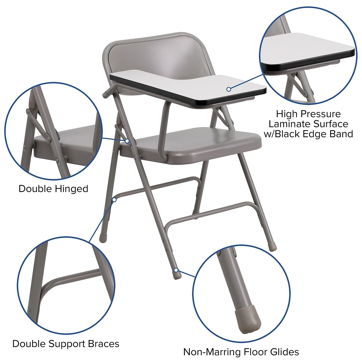 Flash Furniture Rutherford Steel Folding Chair with Right Handed Tablet Arm - Commercial Grade Foldable Conference Room Chair - Set of 2 in Gray - Perfect for Office Meetings, Classrooms & Events