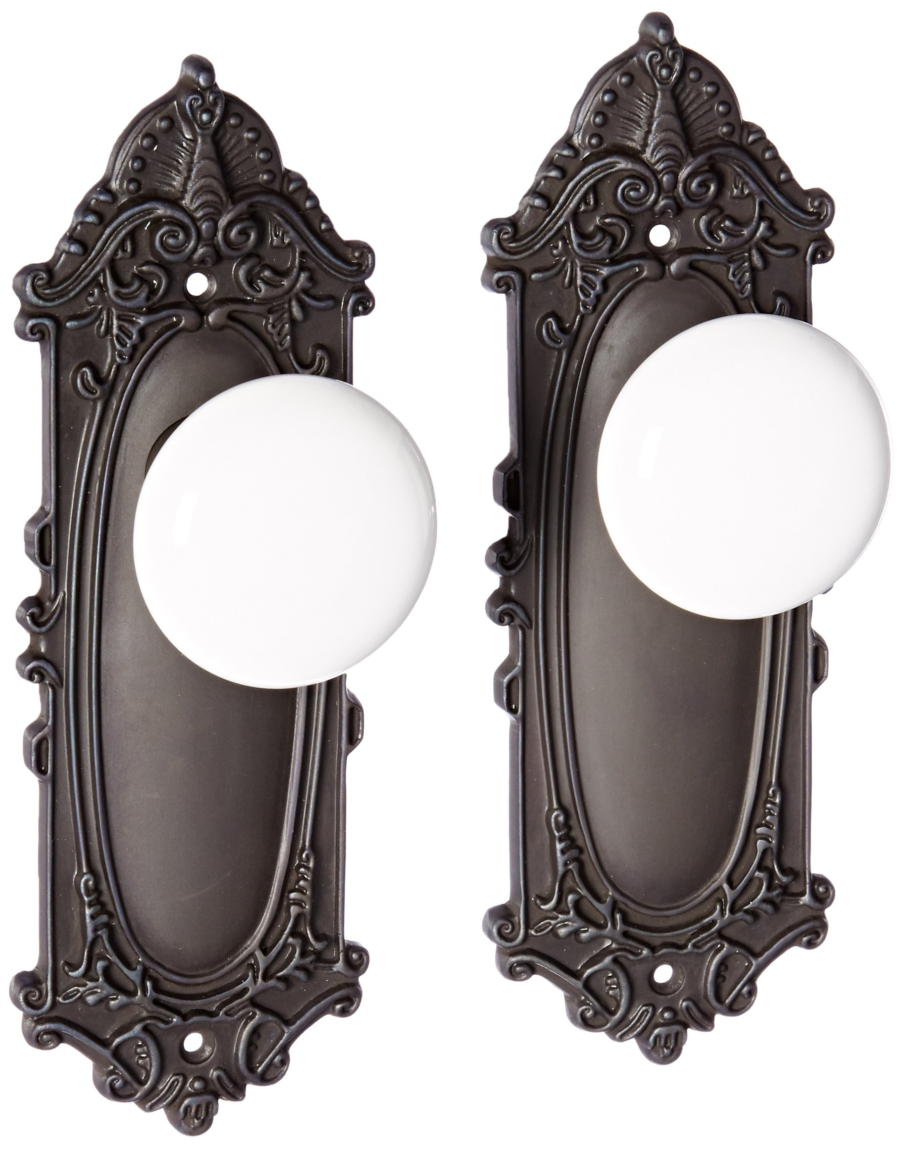 Vintage Victorian Cabinet Plate with White Porcelain Knob - Double Dummy Door Hardware in Oil-Rubbed Bronze Finish | Perfect for Antique Furniture Restoration & Classic Home Decor